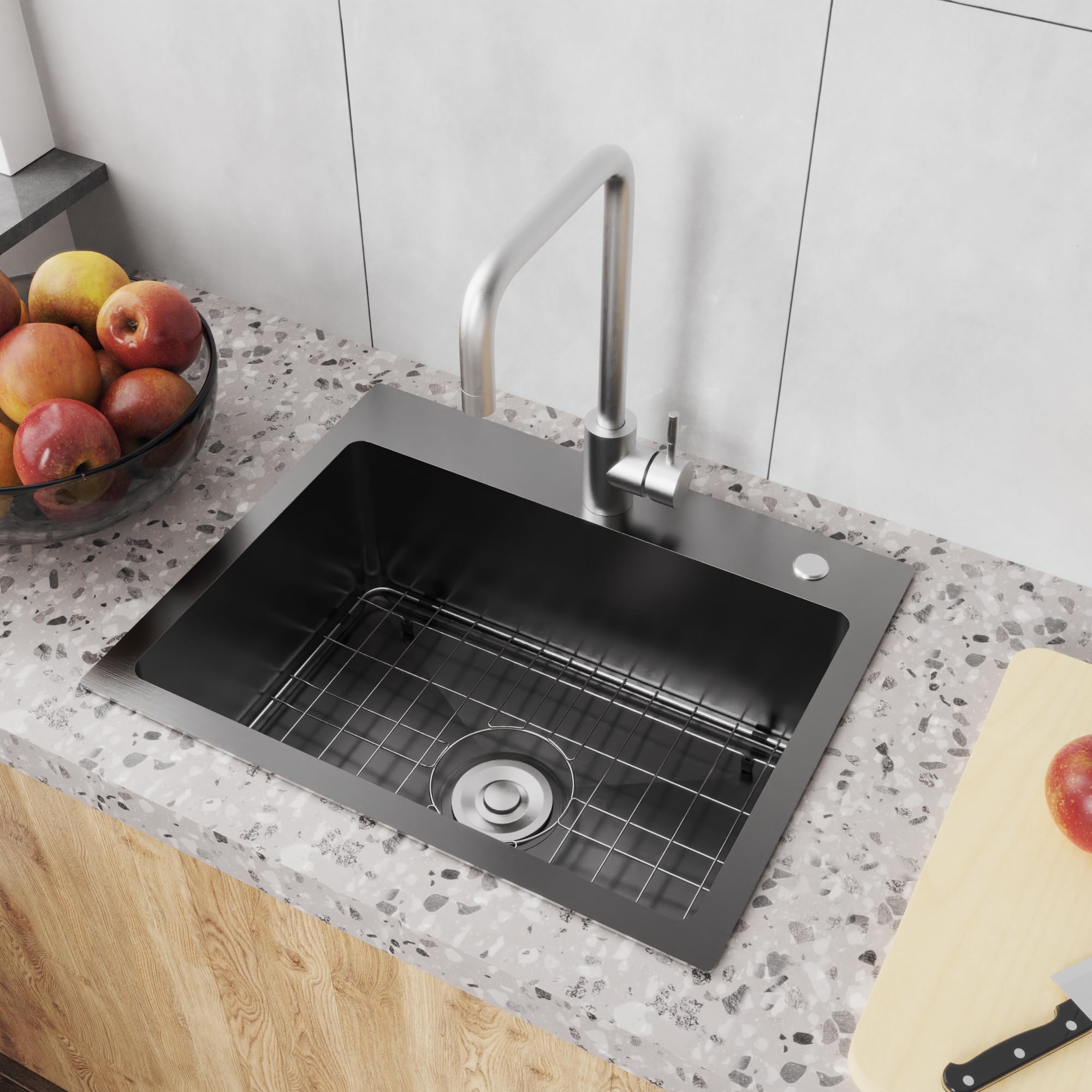 Bathenum 20'' X 16'' Drop In Kitchen Sink 304 Stainless Steel Single Bowl Topmount Bar Sink With Drain Kit And Bottom Grid, Blac