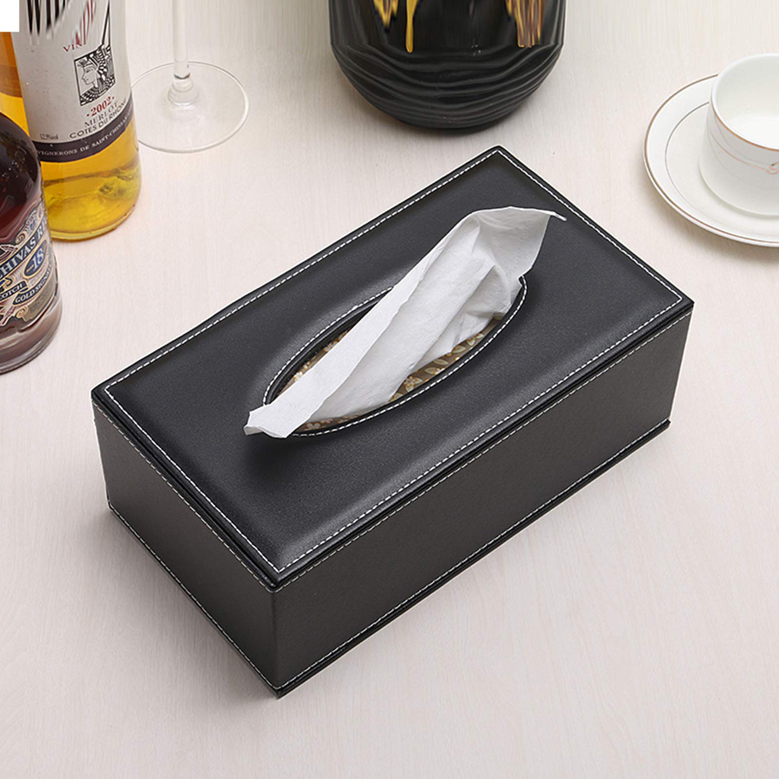High-End Fashion Pu Leather Tissue Box Holder Black With Lid, Rectangular Napkin Facial Tissues Holder Dispenser,Home Office Car