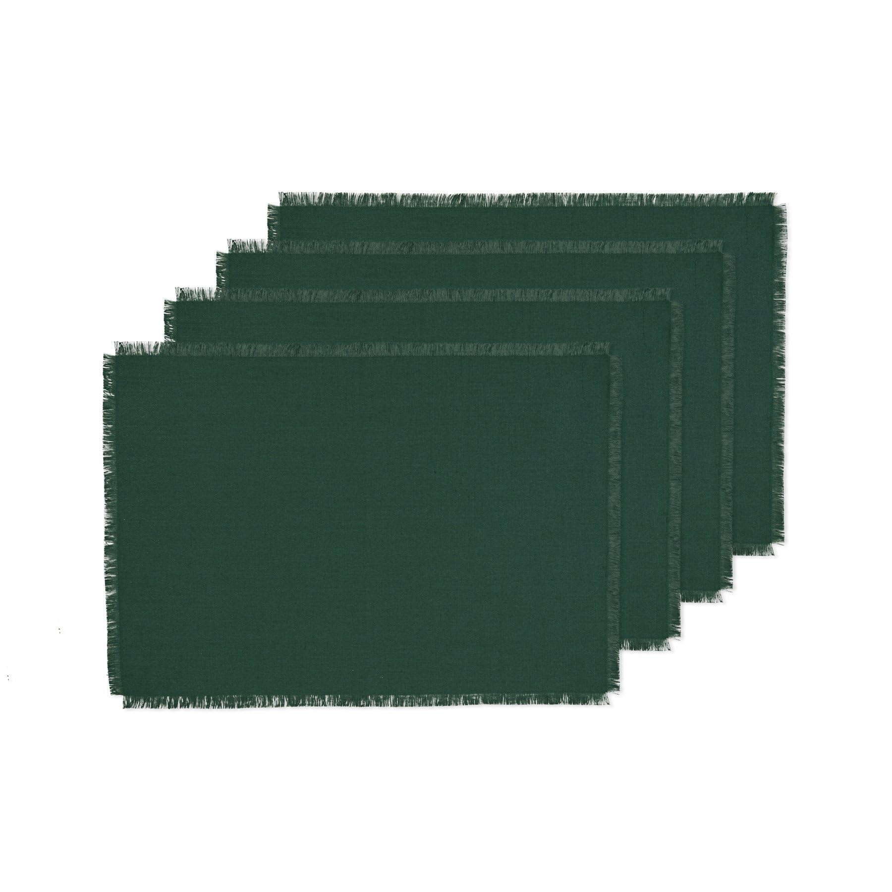 Solino Home Fringe Linen Placemats 19 L x 14 W Inch - 100% Pure Linen Evergreen Cloth Placemats Set of 4 - Washable Fabric Place