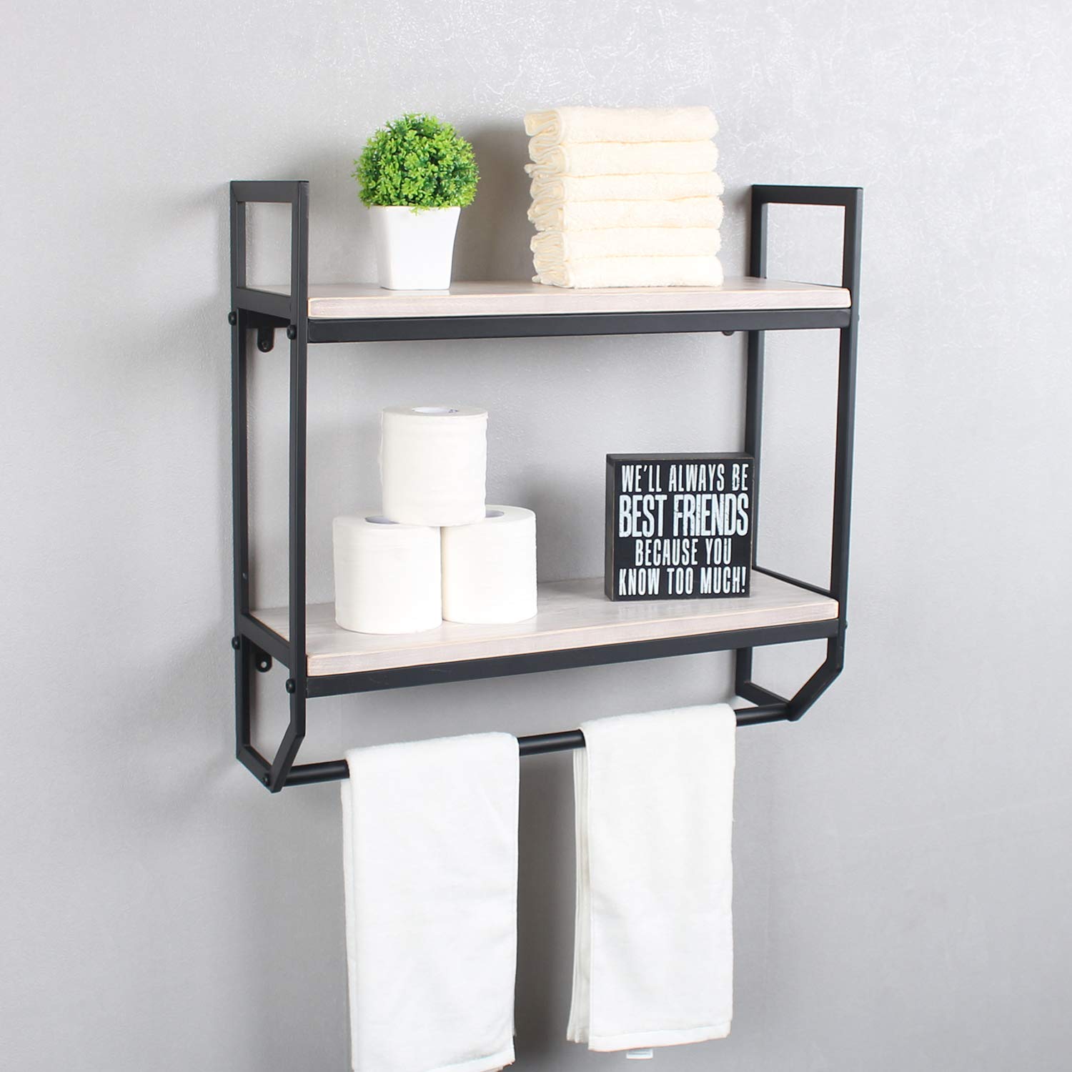 2-Tier Metal Industrial 23.6'' Bathroom Shelves Wall Mounted Rustic Wall Shelf Over Toilet Towel Rack with Towel Bar Utility Storage Shelf Rack  Floating Shelves Towel Holder Retro White