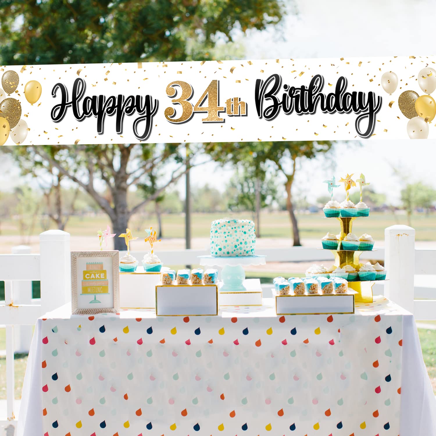 Laskyer Happy 34Th Birthday Decorations,34Th Gold Balloon Large Birthday Hanging Banner Sign,34 Years Old Bday Party Supplies.