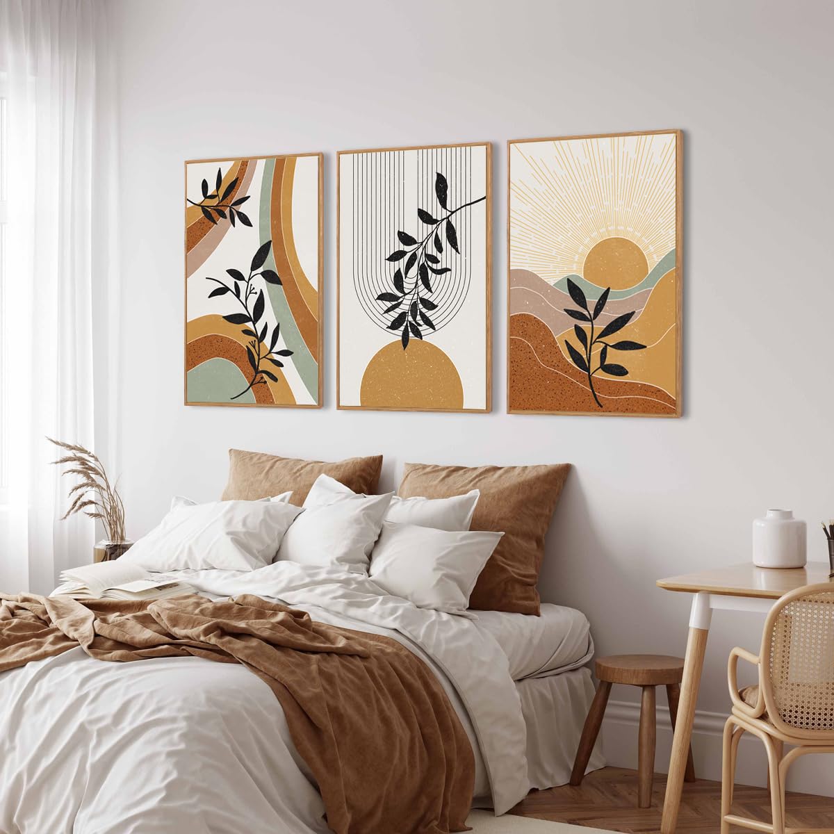 Bincue Large Boho Framed Wall Art Painting Mid Century Modern Decor Prints Boho Canvas Wall Decor For Living Room Bedroom Artwor