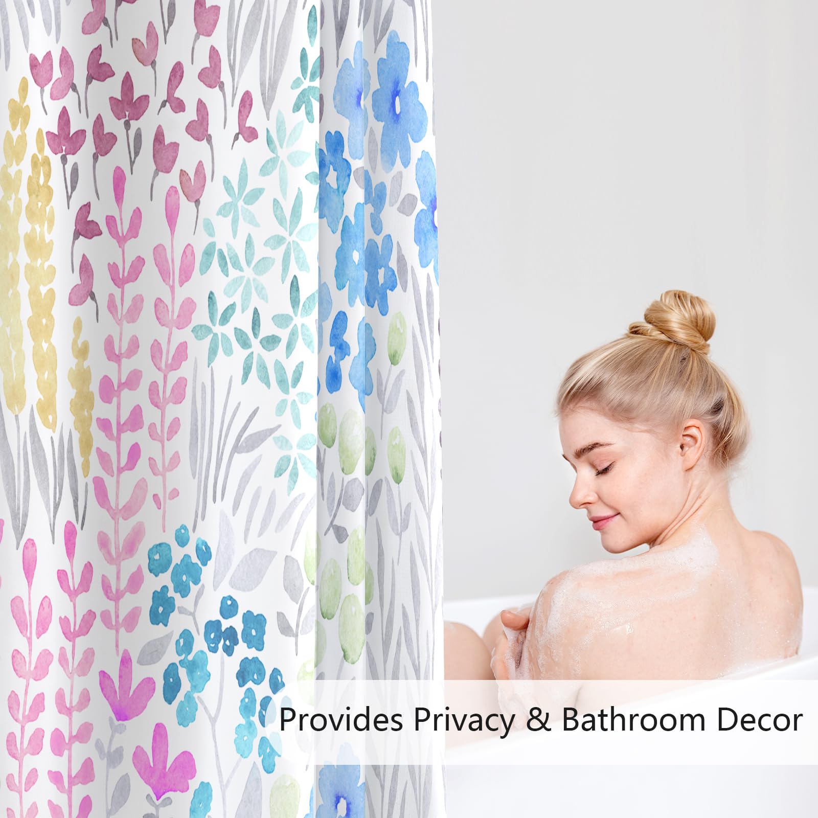 Mayzus Blue Floral Shower Curtain, Pink Yellow Boho Flower Fabric Shower Curtain, Cute Funky Watercolor Wildflower Shower Curtai