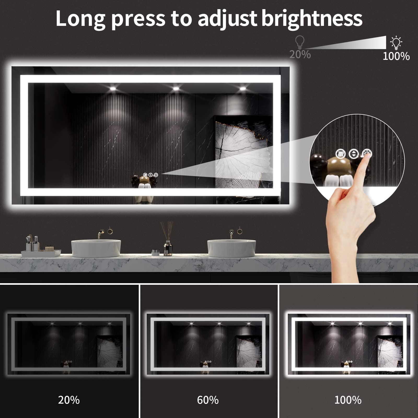 Loaao 60X30 Led Bathroom Mirror With Lights, Anti-Fog, Dimmable, Backlit + Front Lit, Lighted Bathroom Vanity Mirror For Wall, M