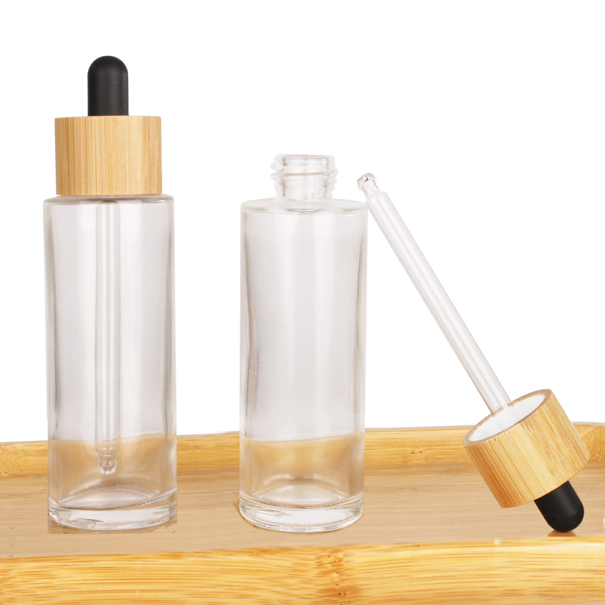 COSIDEA 6 PCS empty 60ml / 2 oz clear glass bottles with wood bamboo dropper lids for serum and essential oil, DIY cosmetics oil