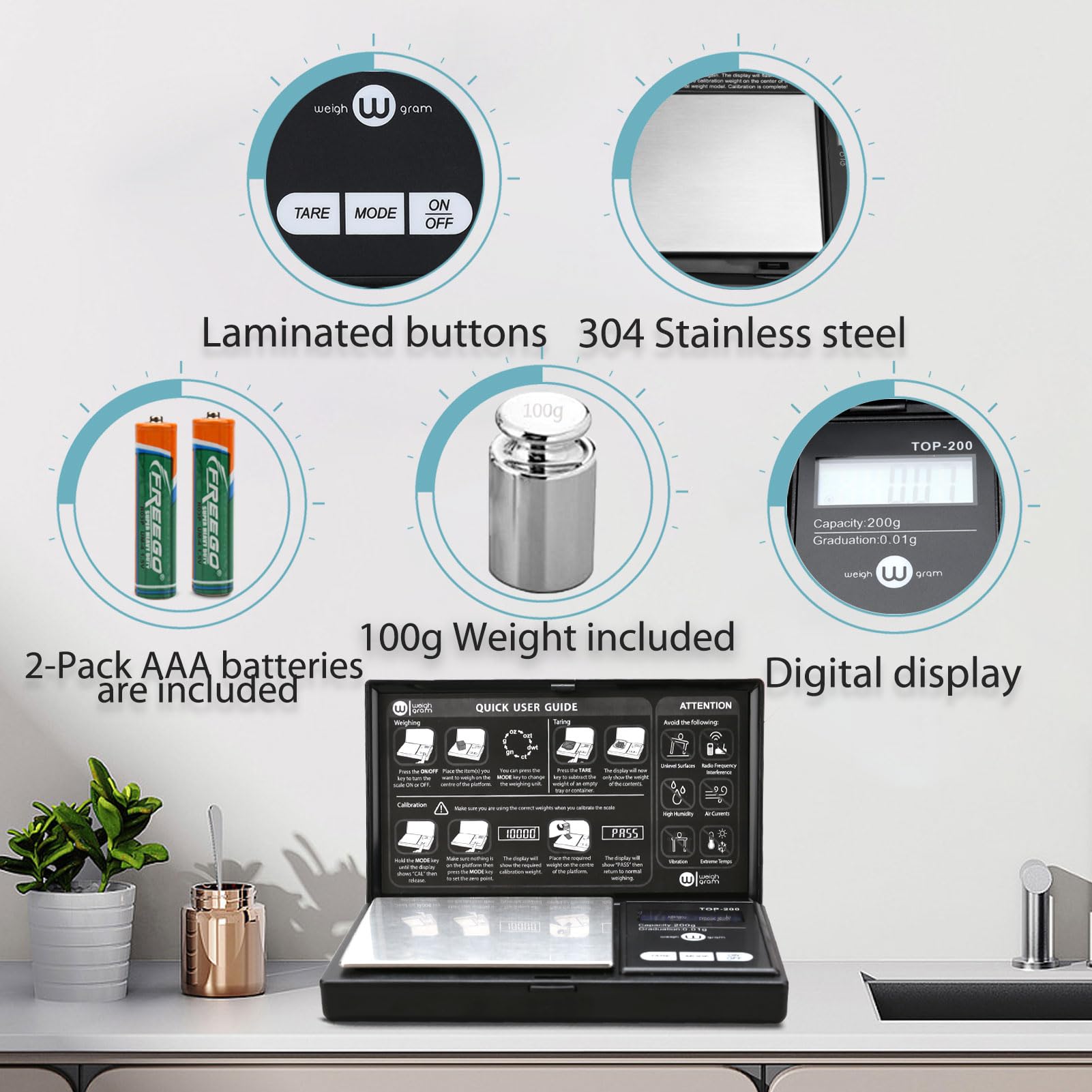 Weigh Gram 200g Digital Pocket Scale - 0.01g Accuracy, Stainless Steel, Black, Model 8541976147, Mini Food & Jewelry Scale
