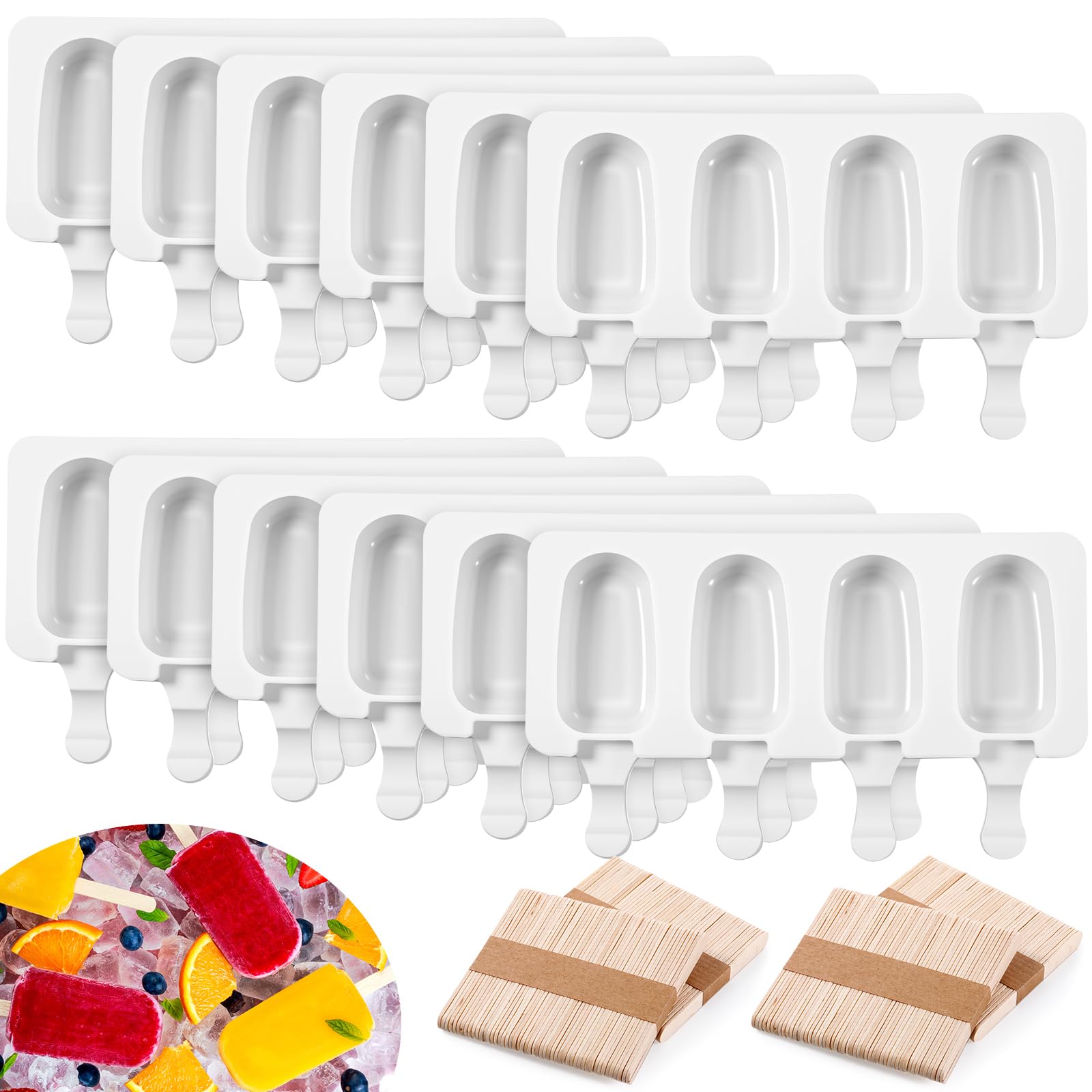 Outus 12 Pieces Ice Cream Mould Silicone Ice Lolly Mold 4cavity Cake Pop Moulds Baking Molds with 200 Pieces Sticks for Treats