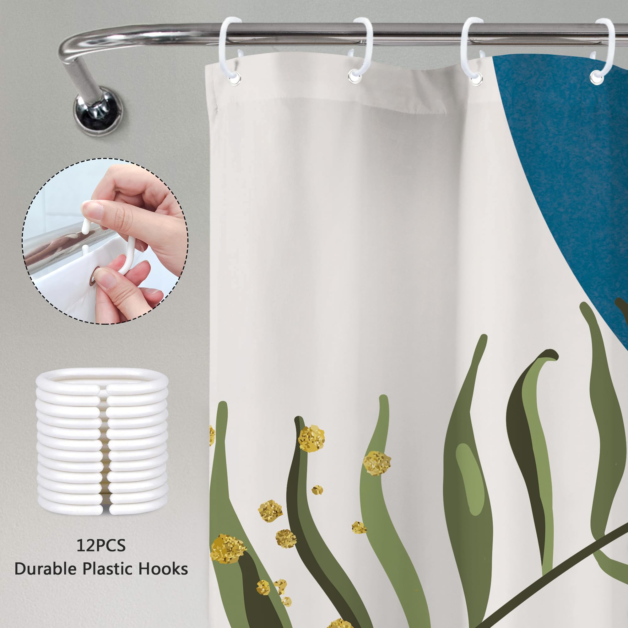 Mitpok Blue Boho Modern Shower Curtain 72Wx72H Mid Century Abstract Gold Green Leaves Sun Arch Minimalist Geometric Aesthetic Pl