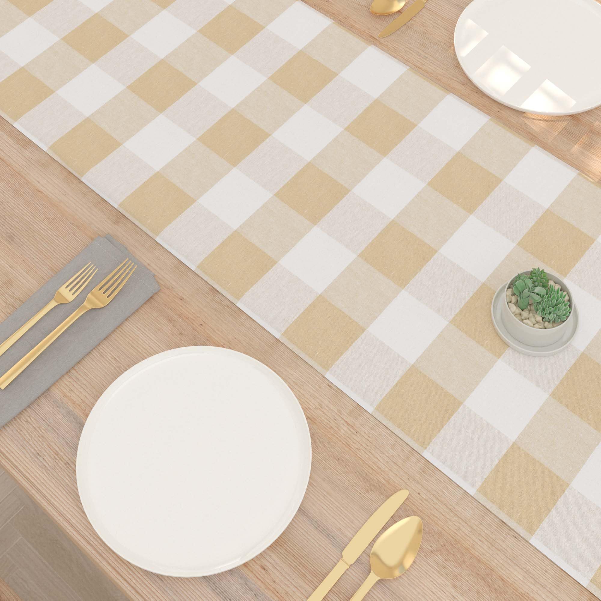 Cotton Beige & White 2 Side Buffalo Check Farmhouse Table Runner For Family Dinners Or Gatherings, Indoor Or Outdoor Parties, Ev