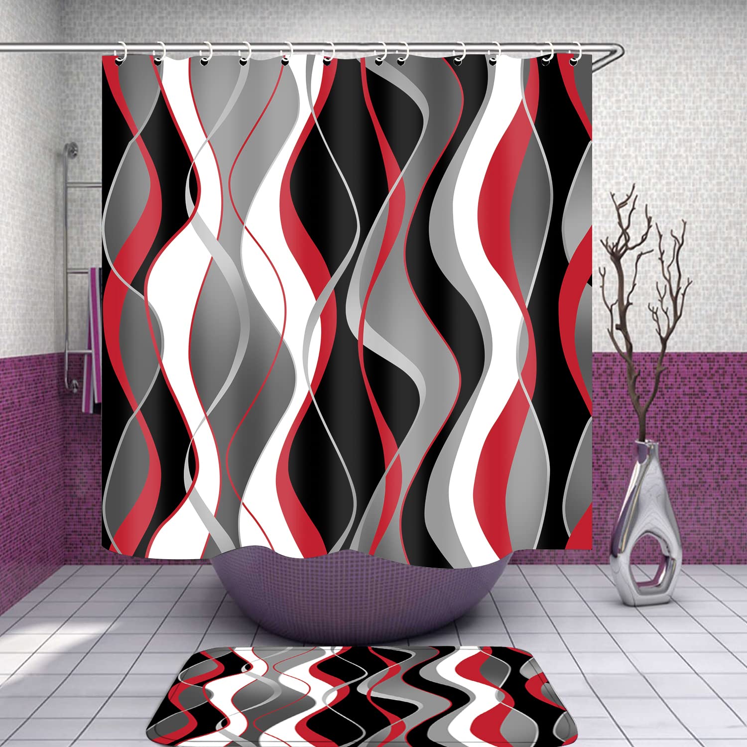 Nkzply 4 Pcs Red And Black Striped Shower Curtain Set Grey And White Bathroom Sets With Shower Curtain And Rugs Red Modern Home