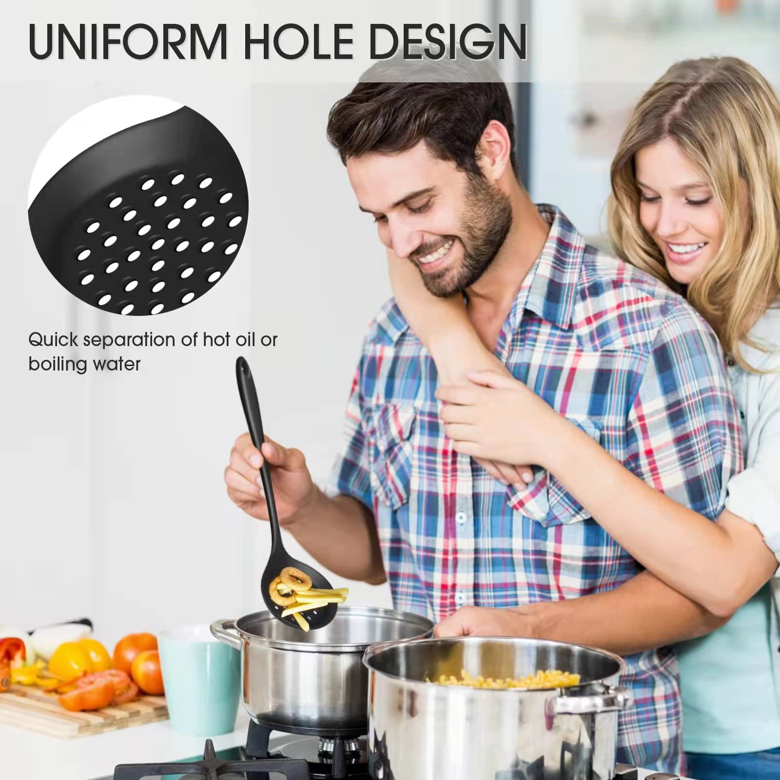 Armrouns Skimmer Slotted Spoon 2Pc Set, Heat Resistant 600 F Slotted Ladle Spoons For Kitchen Cooking. (Black & Red)