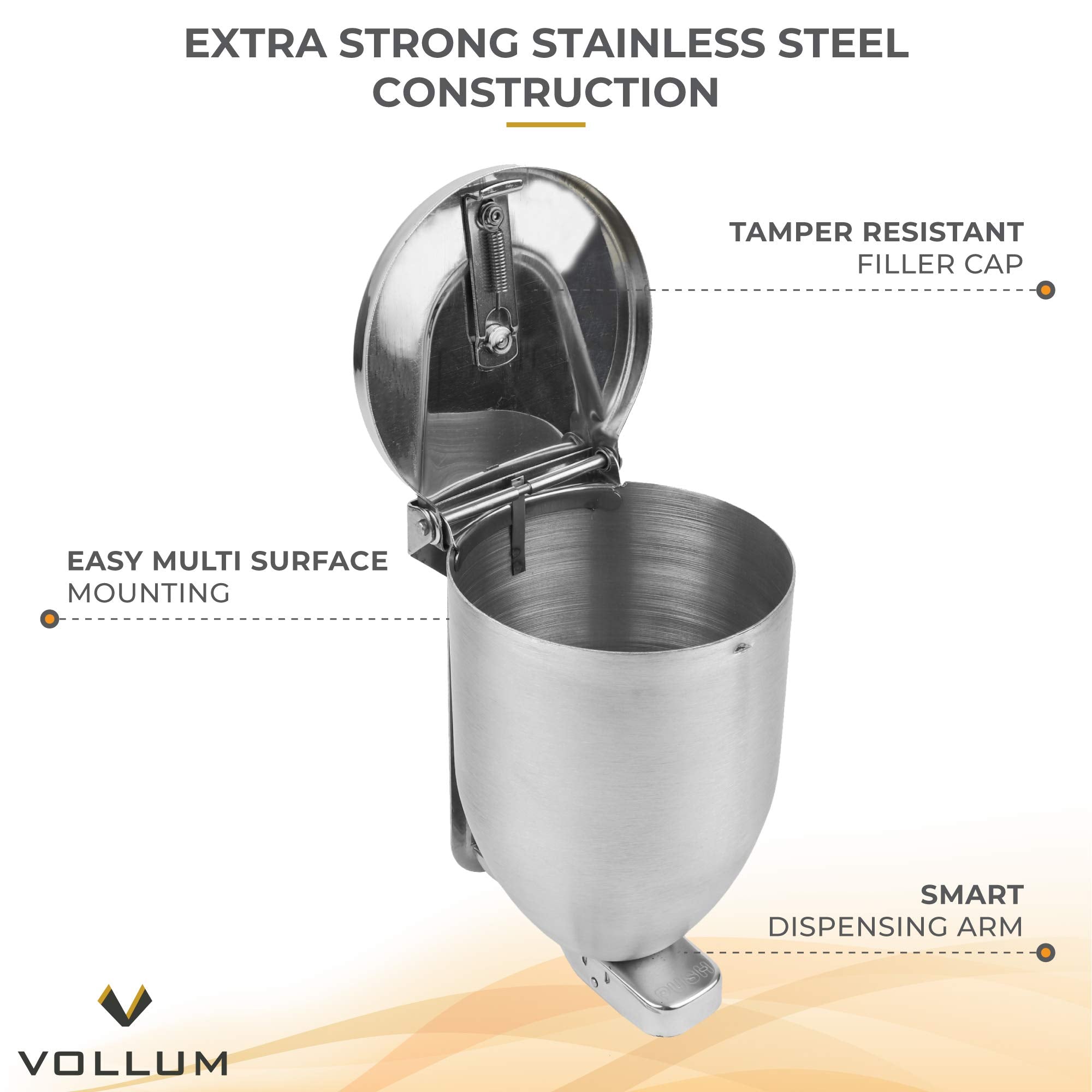 Vollum Powder-Soap Dispenser - 32 Ounce Stainless Steel Bathroom Soap Dispenser With Large Filler Cap - Strong Wall Mounted Pump