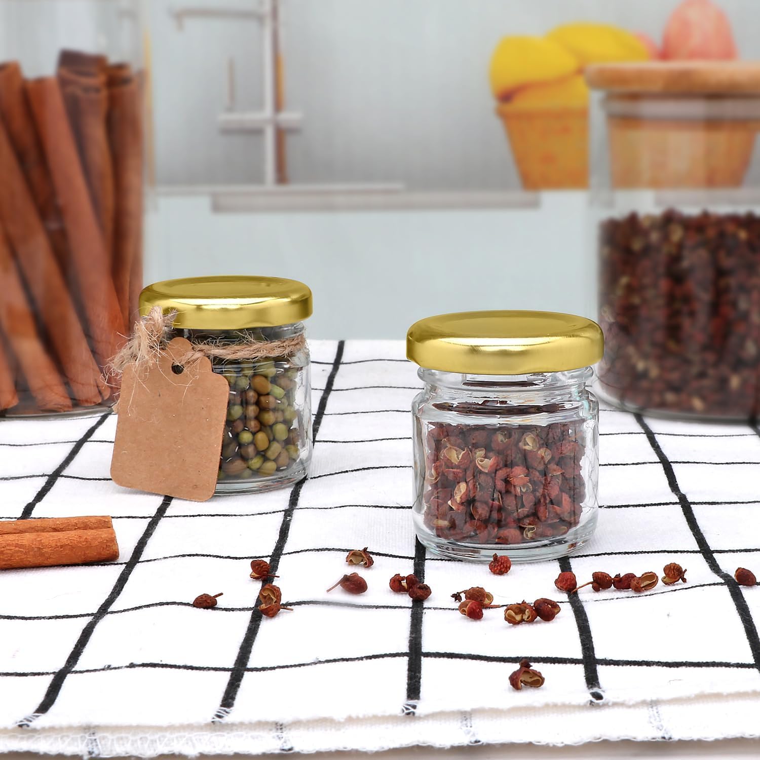 EVATTA Small Glass Jars with lid 50 ml - 12 Pieces Clear | Round Shape | Golden Airtight Metal Lid | mini glass jars | Mini Maso