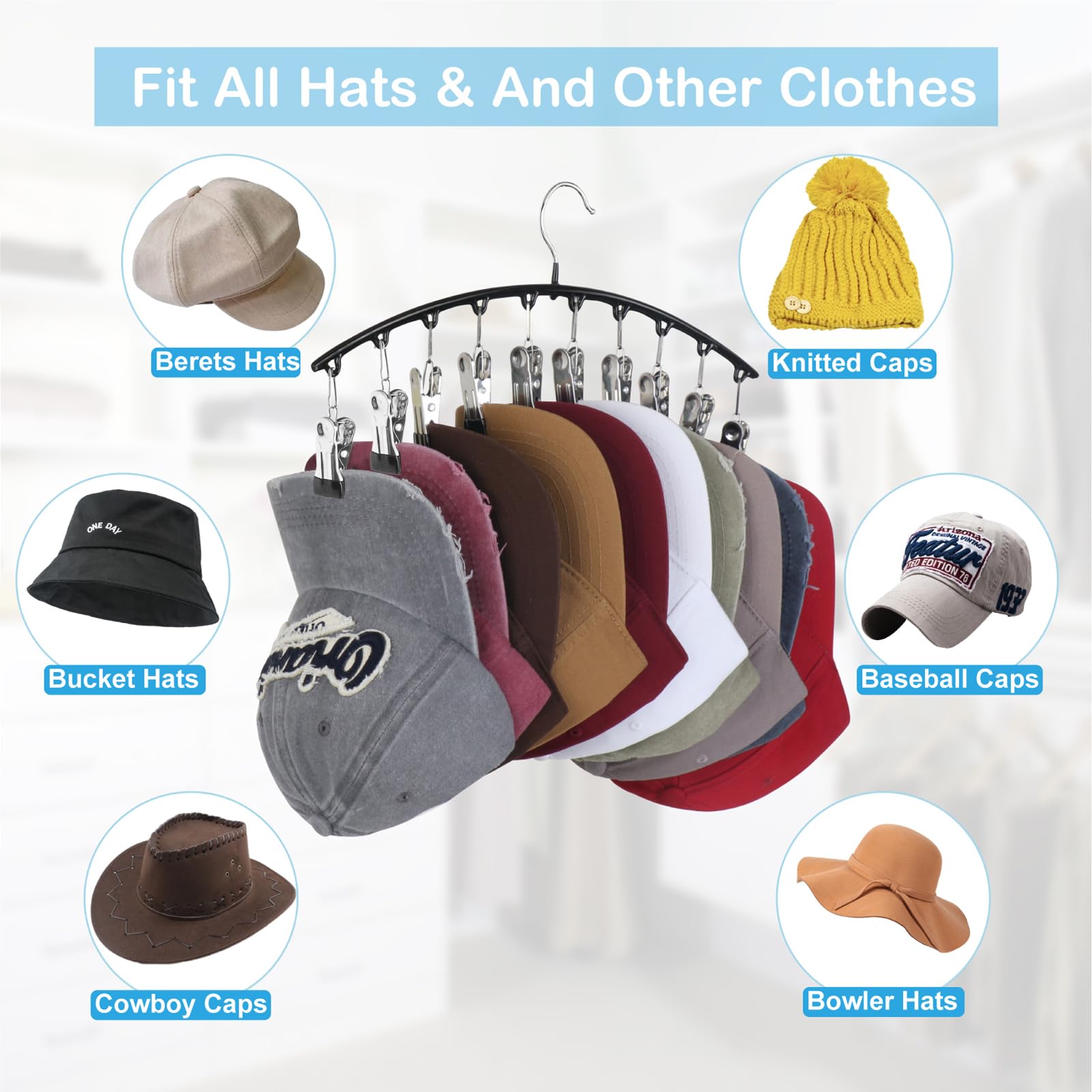 Cuipingoo Hat Hangers For Closet, Metal 2 Pack Hat Organizer Holder For Hanger & Room Closet Display, Hat Racks For Baseball Cap