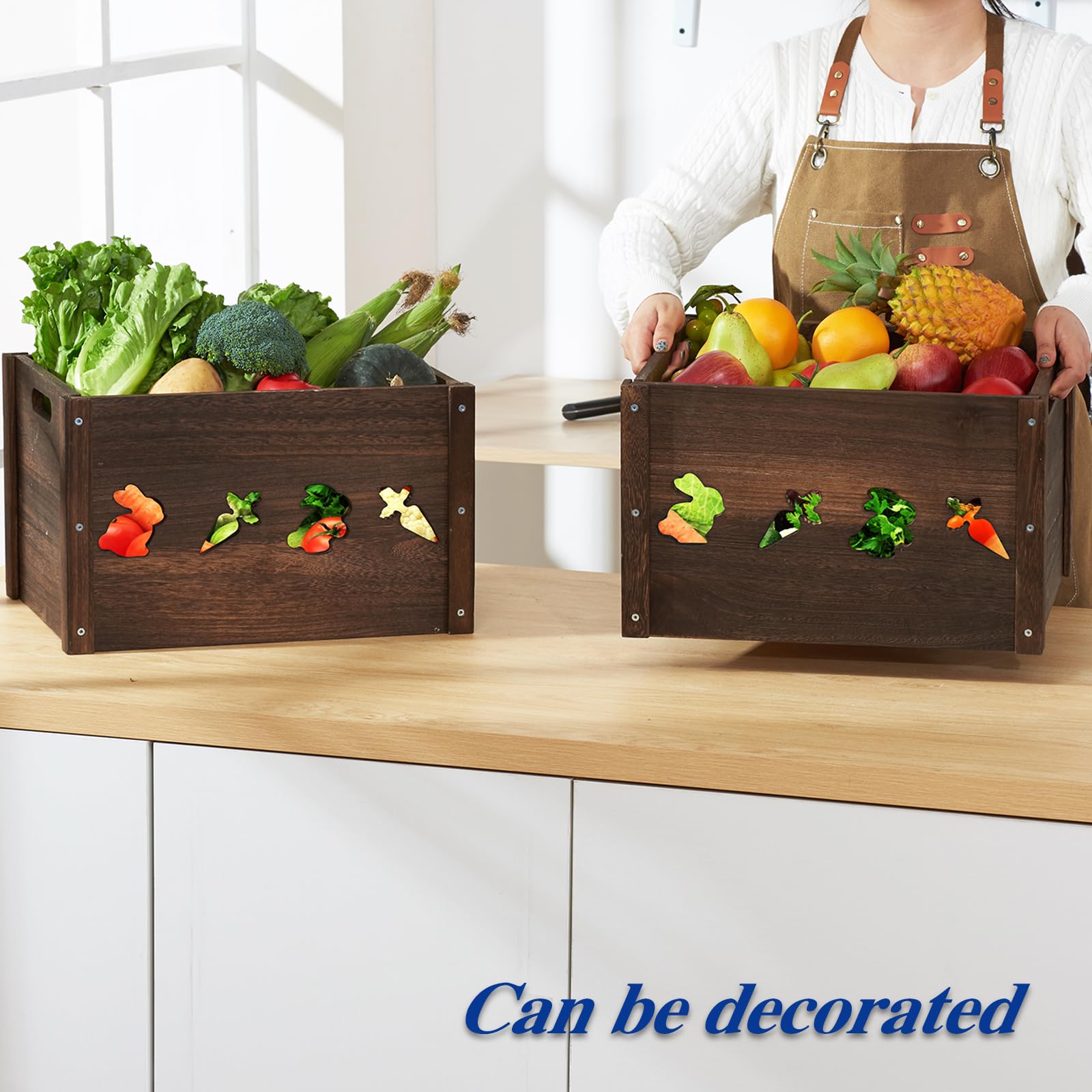 ROSOS Wooden Crates, Farmhouse Wooden Crates for Storage with Carved Cute Patten, Solid Wood Crates for Display, Durable & Handm