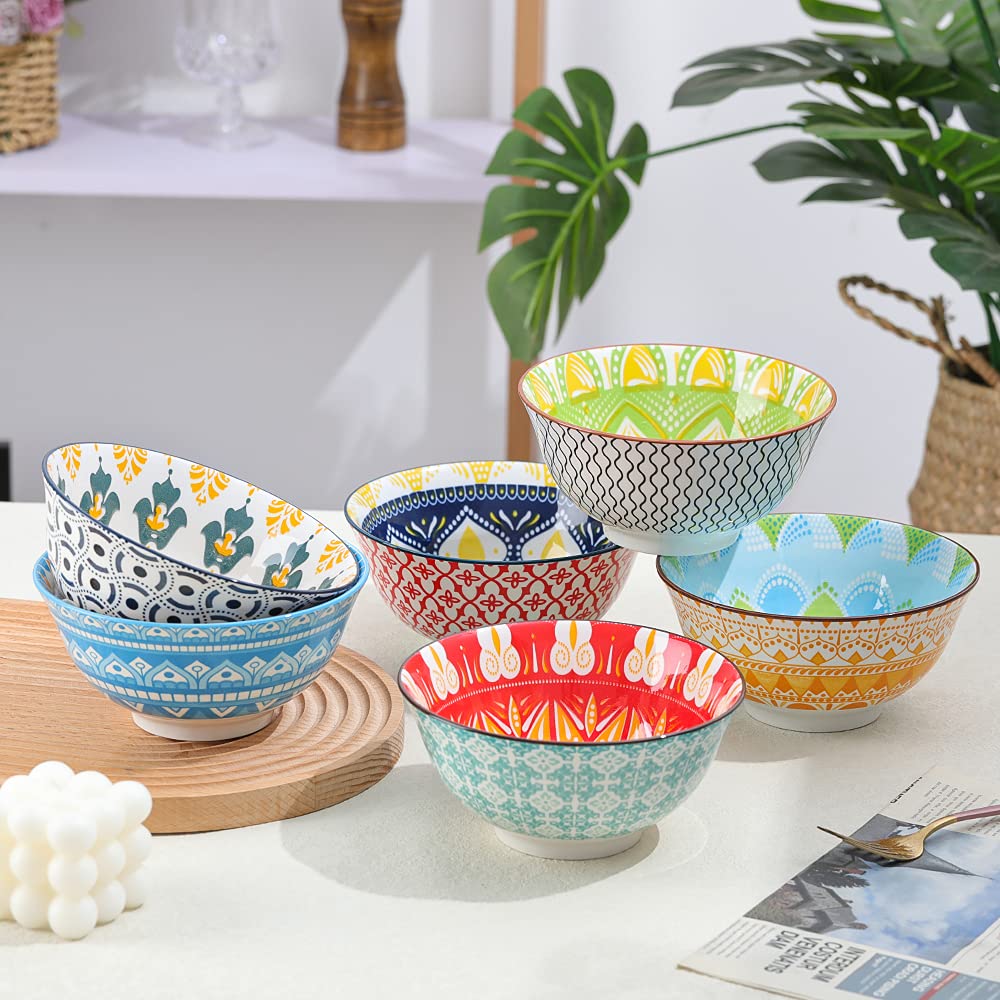 AHX Cereal Bowls Porcelain 23 oz - Salad Soup Bowl Colorful 6.25'' - Deep Bowls for Serving Ramen | Noodle | Pasta | Pho | Oatmeal - Microwave and Dishwasher Safe - Set of 6