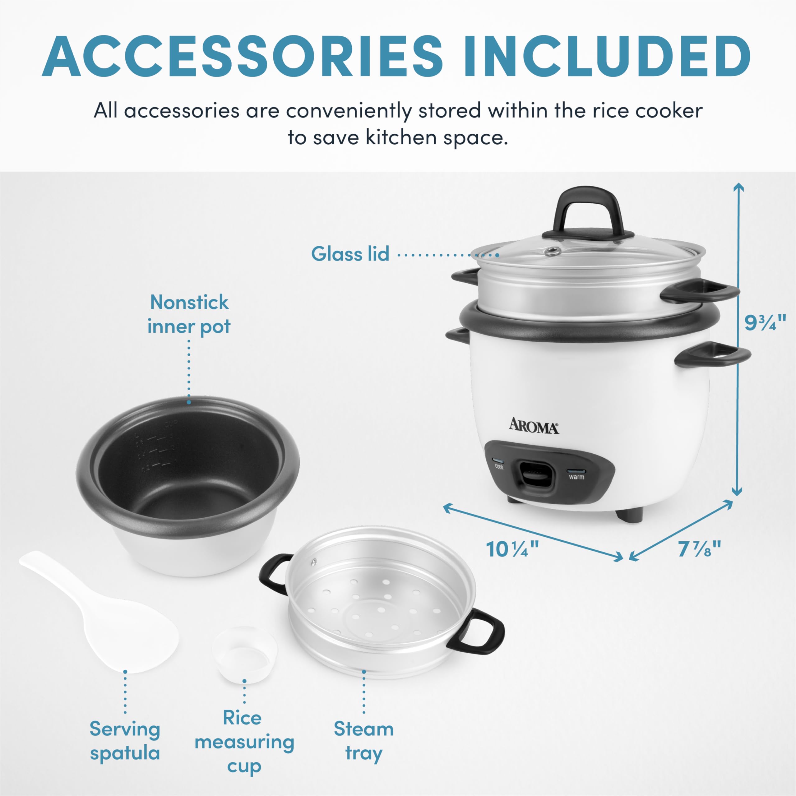Aroma 6-Cup Rice Cooker & Food Steamer, Nonstick Coating, White, Model ARC-743-1NG, Pack of 1