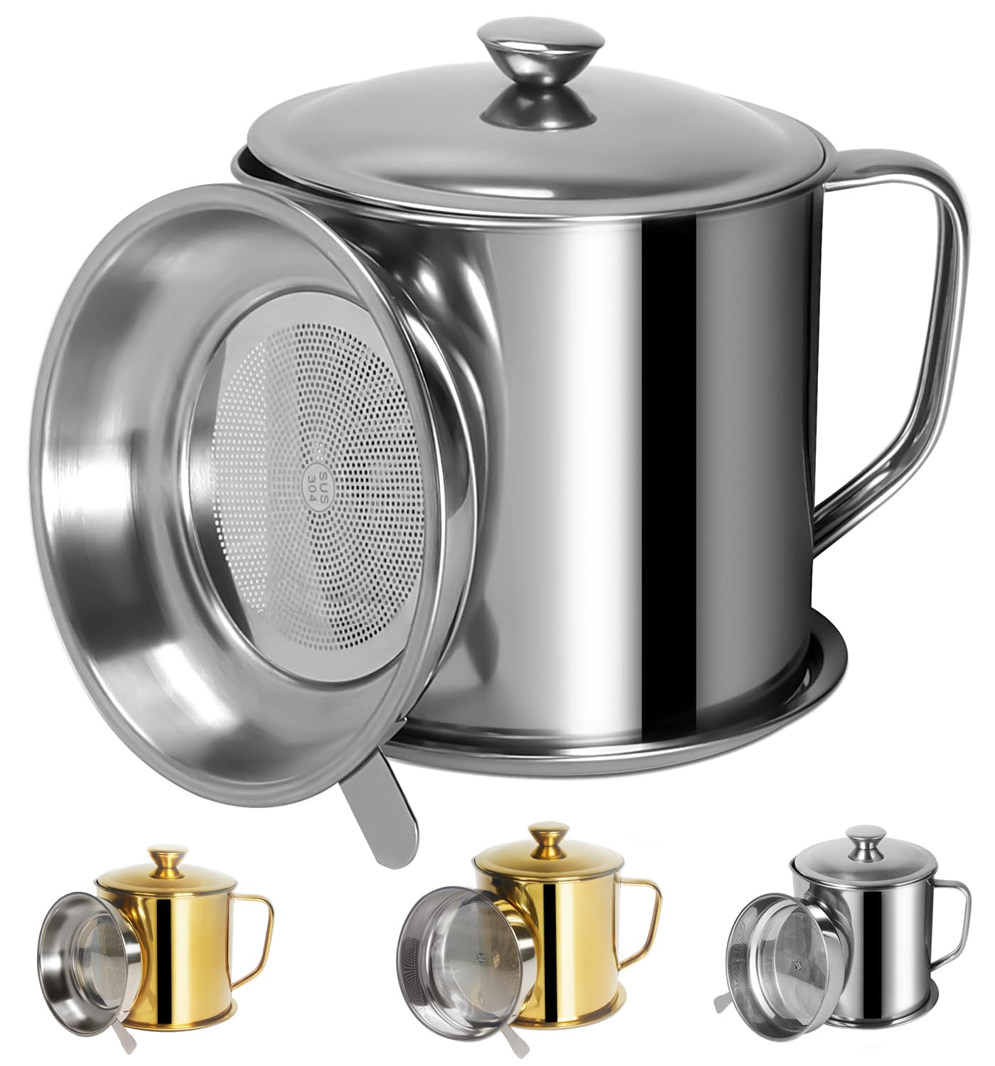 Tellshun Bacon Grease Container With Strainer 1.25 L / 42 Oz Strong Kitchen Catcher Food-Grade Stainless Steel Cooking Oil Keepe