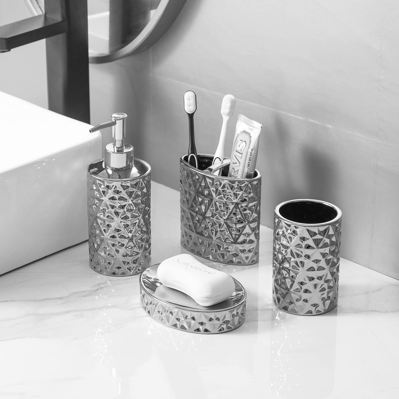 Silver Bathroom Accessories Set, 4 Piece Ceramic Bath Accessory Sets Complete, Diamond Soap Dispenser And Silver Toothbrush Hold