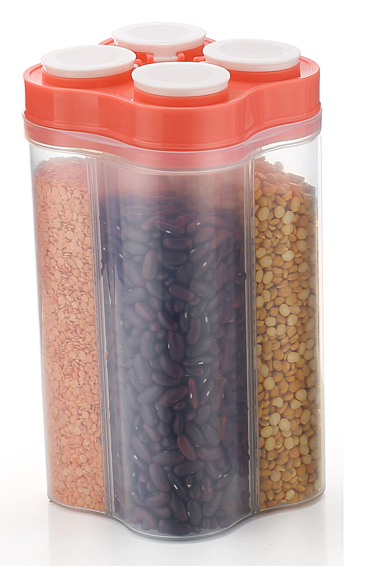 Qtrix Transparent Sealed Cans/Jars/Storage Box 4 Section For Food Cereals Grain Sealed Container  2000 Ml (Red1)