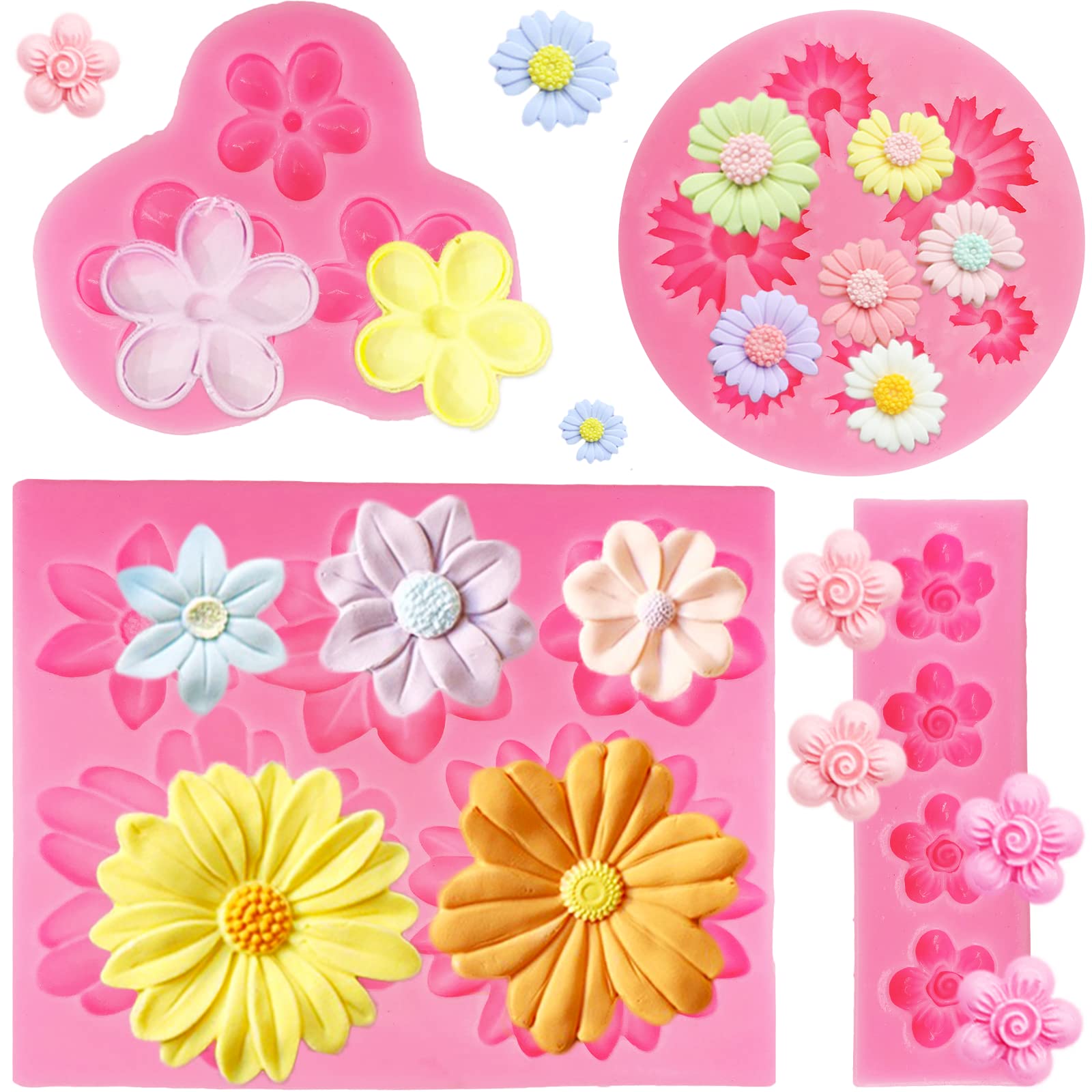 4Pcs Large Daisy Flower Silicone Molds Chrysanthemum Silicone Molds Small Flower Shapes Fondant Cake Chocolate Molds Polymer Cla