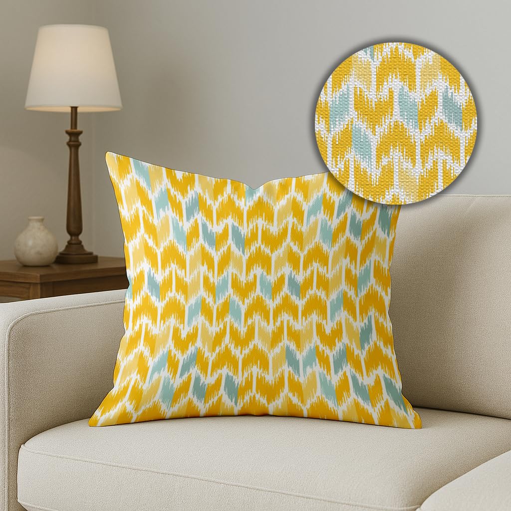 STITCHNEST Ikat Yellow Teal Printed Poly Cotton Cushion Covers, Yellow Teal Combo Set of 5 (18x18 Inches)