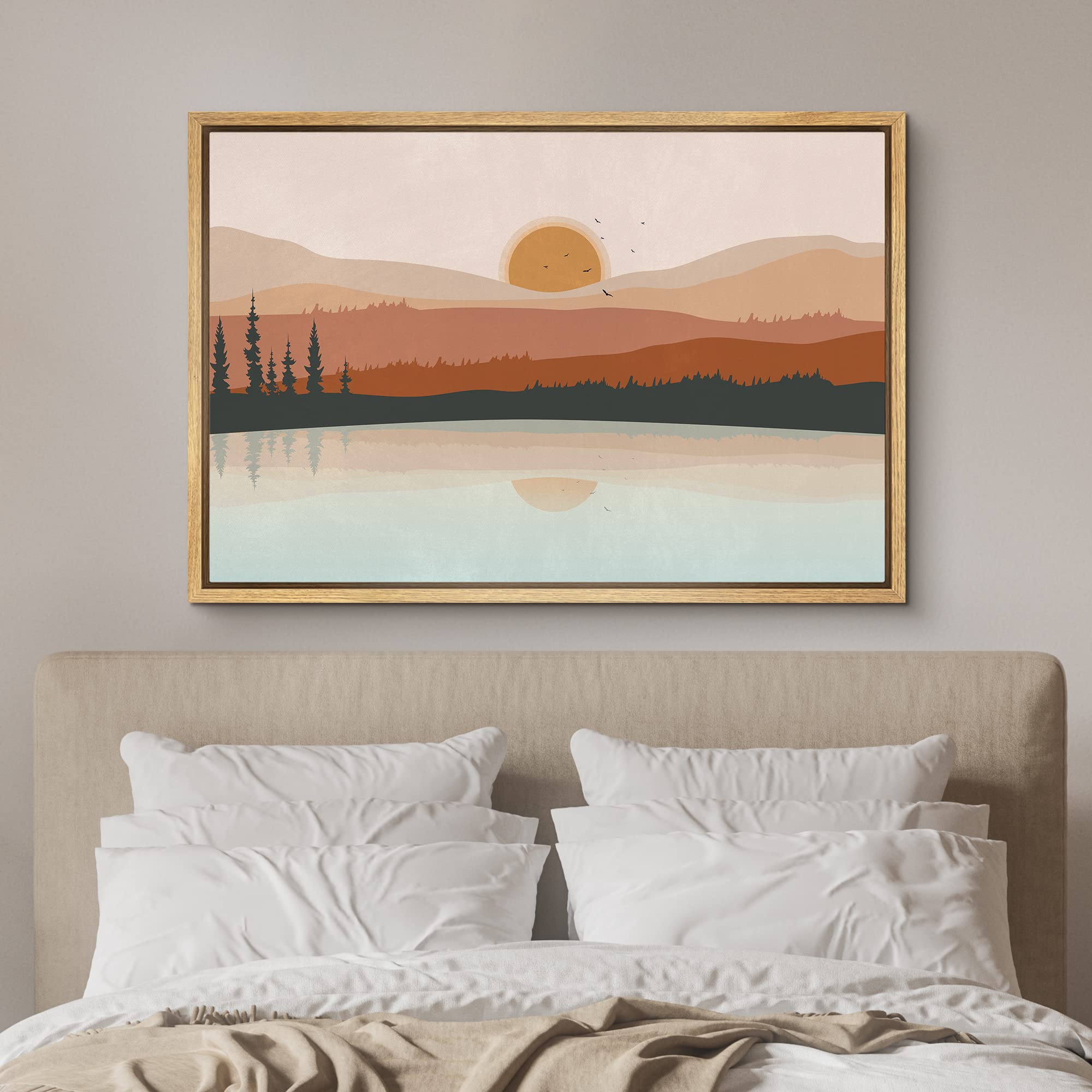 Signford Framed Canvas Print Wall Art Pastel Mountain Forest Range Lake Reflection Nature Wilderness Illustrations Modern Art La