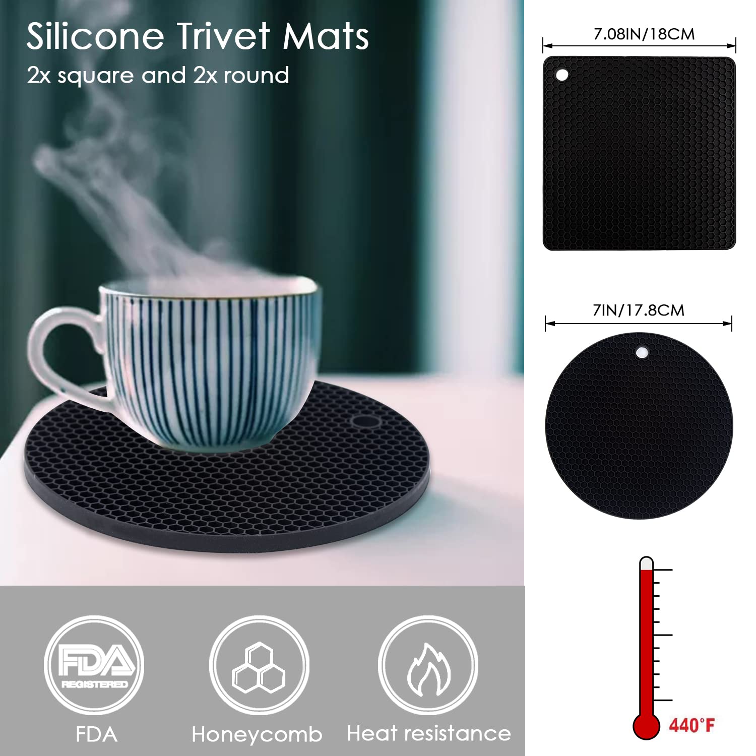 4 Pack Silicone Trivets For Hot Pots And Pans, Black Hot Pads Pot Holders, Non-Slip & Heat Resistant Silicone Mats For Kitchen C