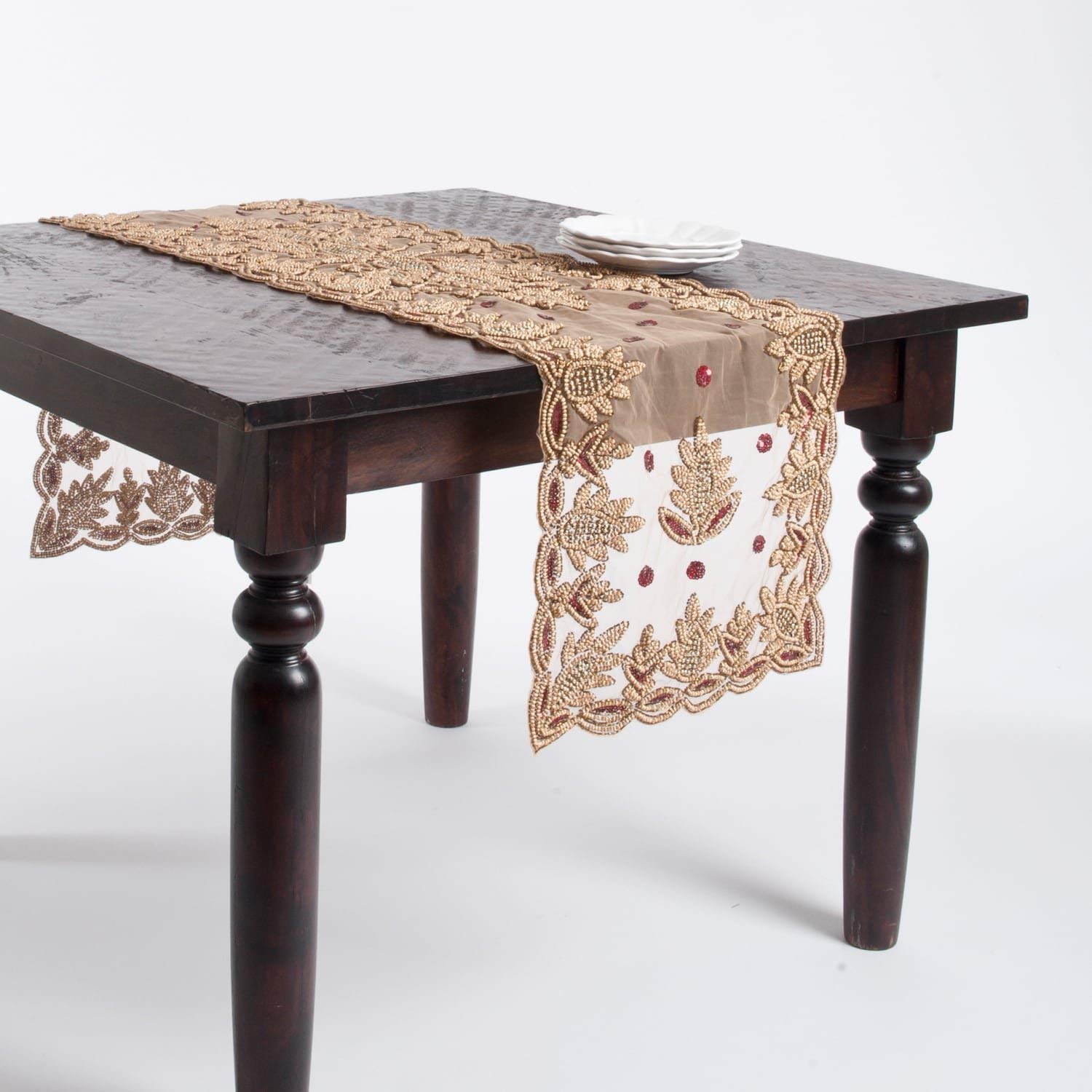 Saro Lifestyle Lakshmi Collection Beaded Table Runner 16'' X 72'' Burgundy 1 Piece