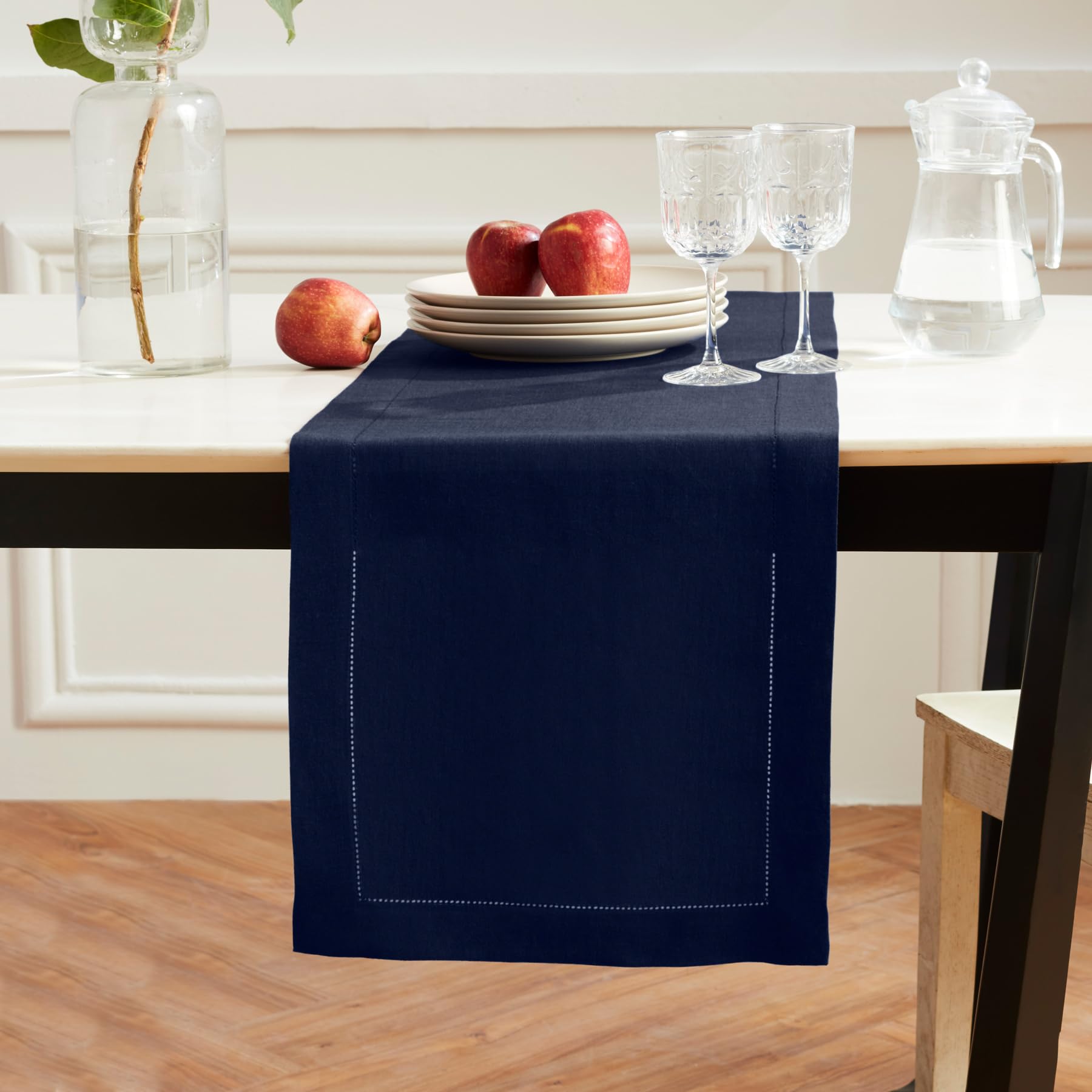 Solino Home Linen Indigo Navy Table Runner 108 Inches Long - Sonoma Hemstitch 100% Pure Linen Prewashed Dining Table Runner 14 X