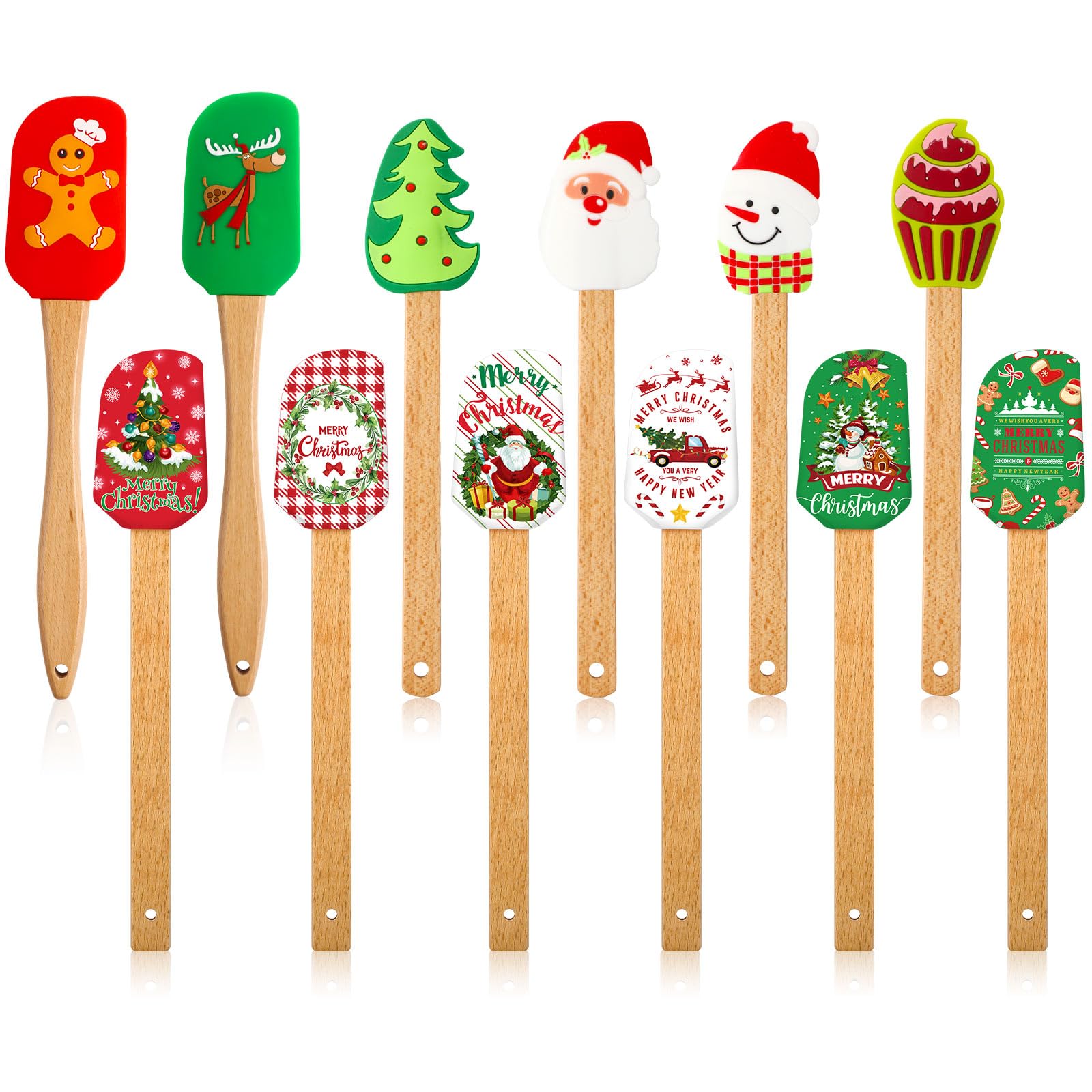Patelai 12 Pieces Christmas Silicone Spatulas Wooden Handle,Lovely Style