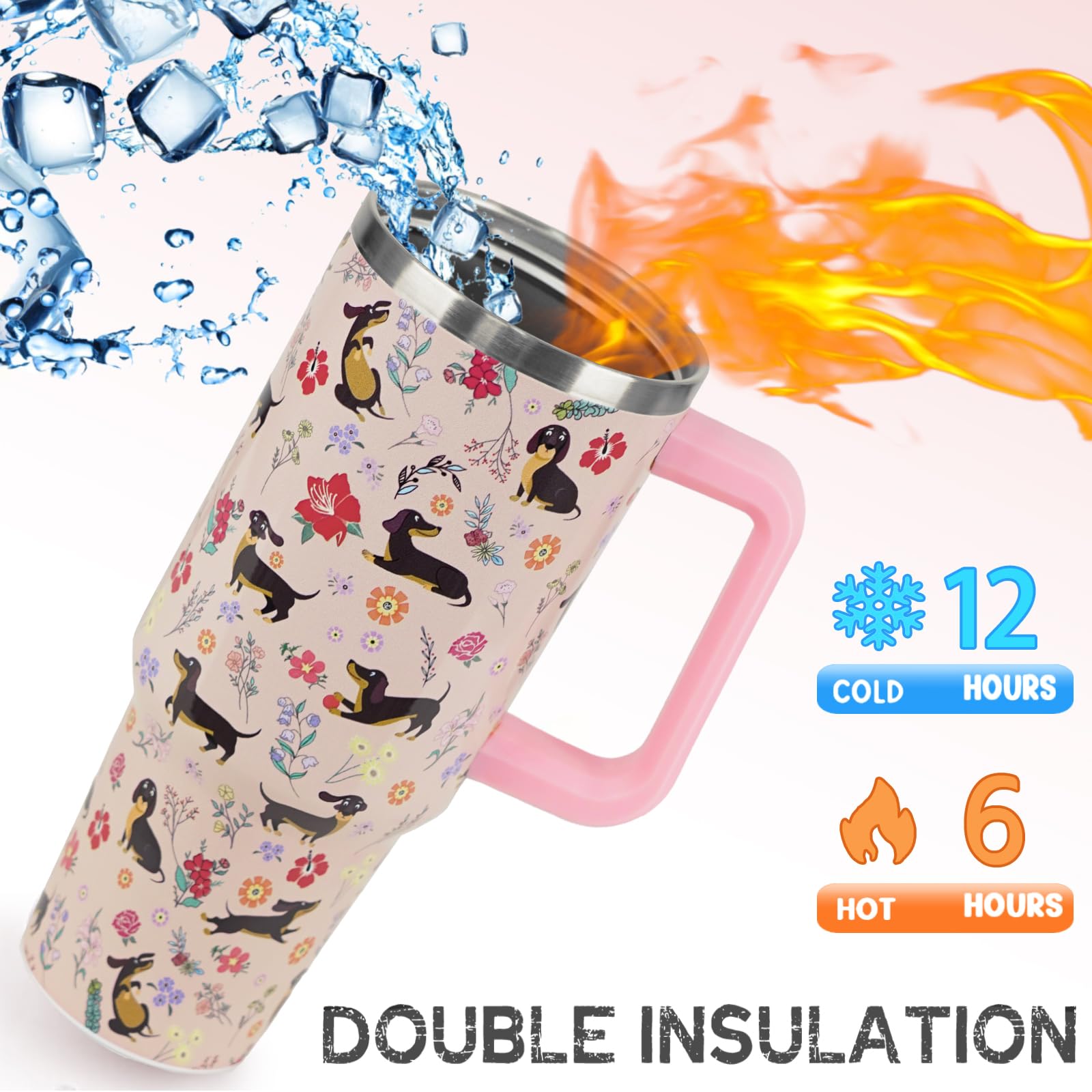 Nqhsionv Dachshund Tumbler with Handle and Straw 40 oz Weiner Dog Cup Cute Funny Dog Coffee Travel Mug Stainless Steel Insulated