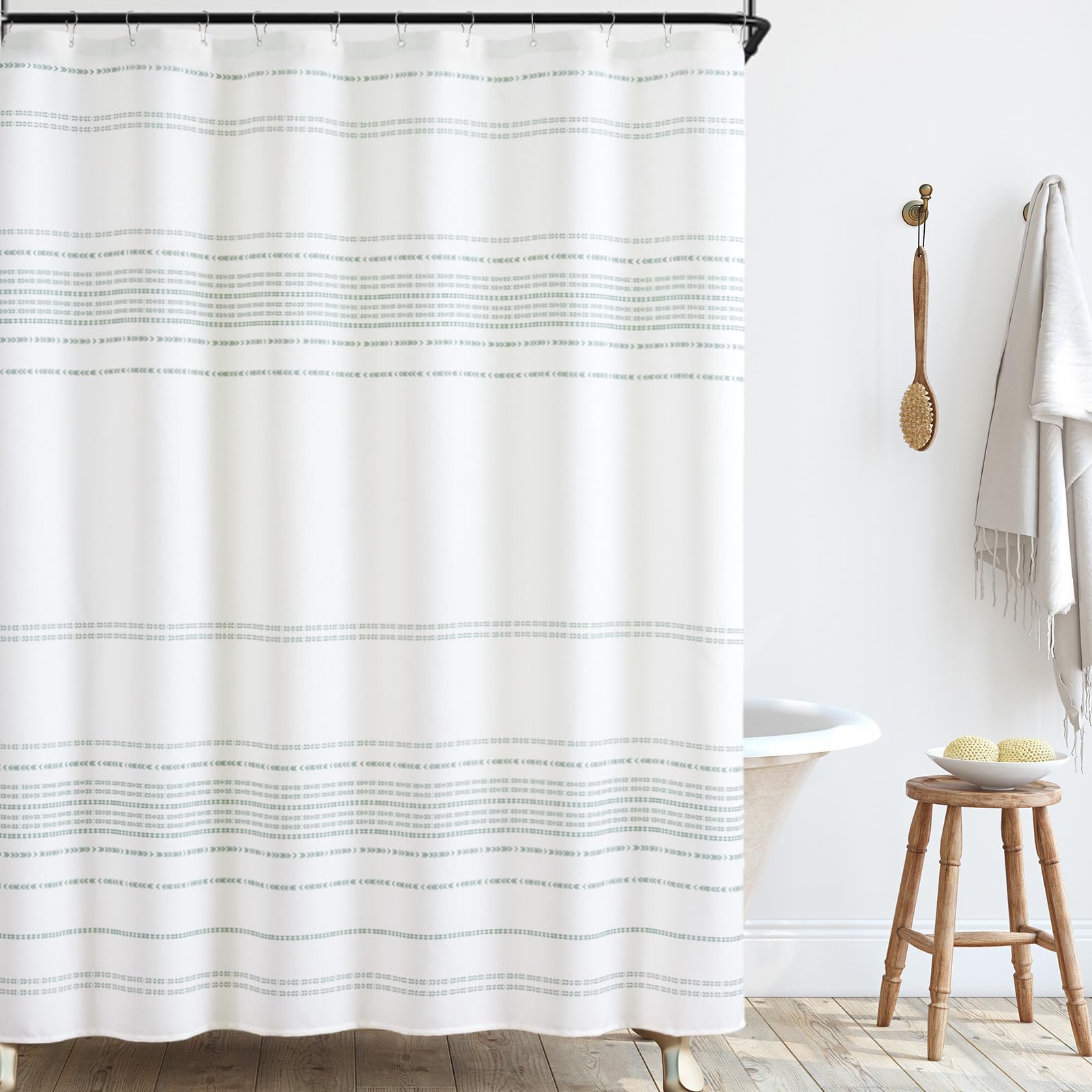 jinchan Green and White Boho Striped Shower Curtain Modern Waterproof Fabric Shower Curtains for Bathroom with 12 Hooks 70x72 in