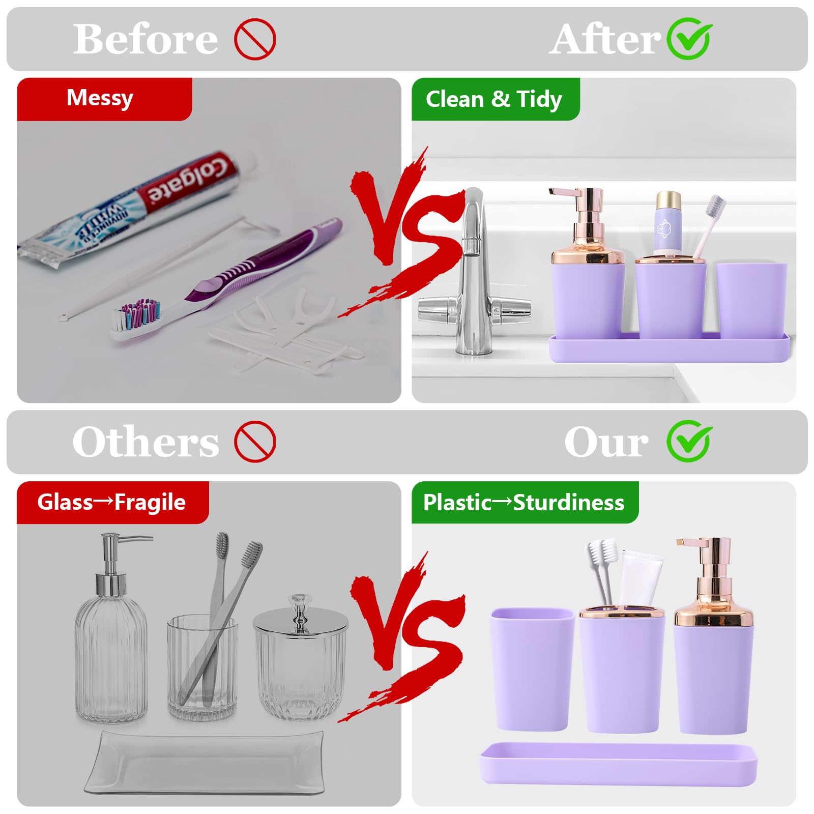 9-Piece Purple Bathroom Accessories Set, Purple Bathroom Accessories Sets Complete With Trash Can,Tray,Soap Dispenser,Toothbrush