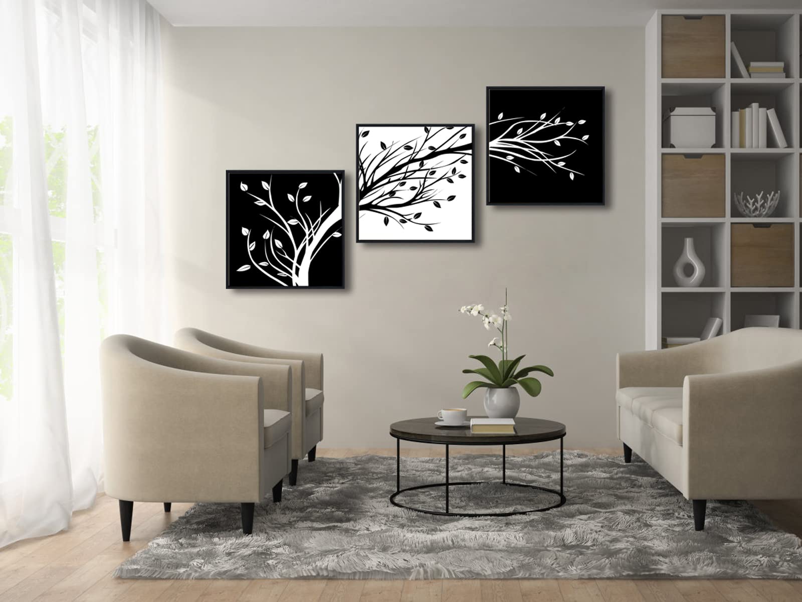 Wieco Art Black Framed Leaves Modern 3 Panels Flowers Artwork Black And White Abstract Floral Trees Canvas Prints Wall Art For L