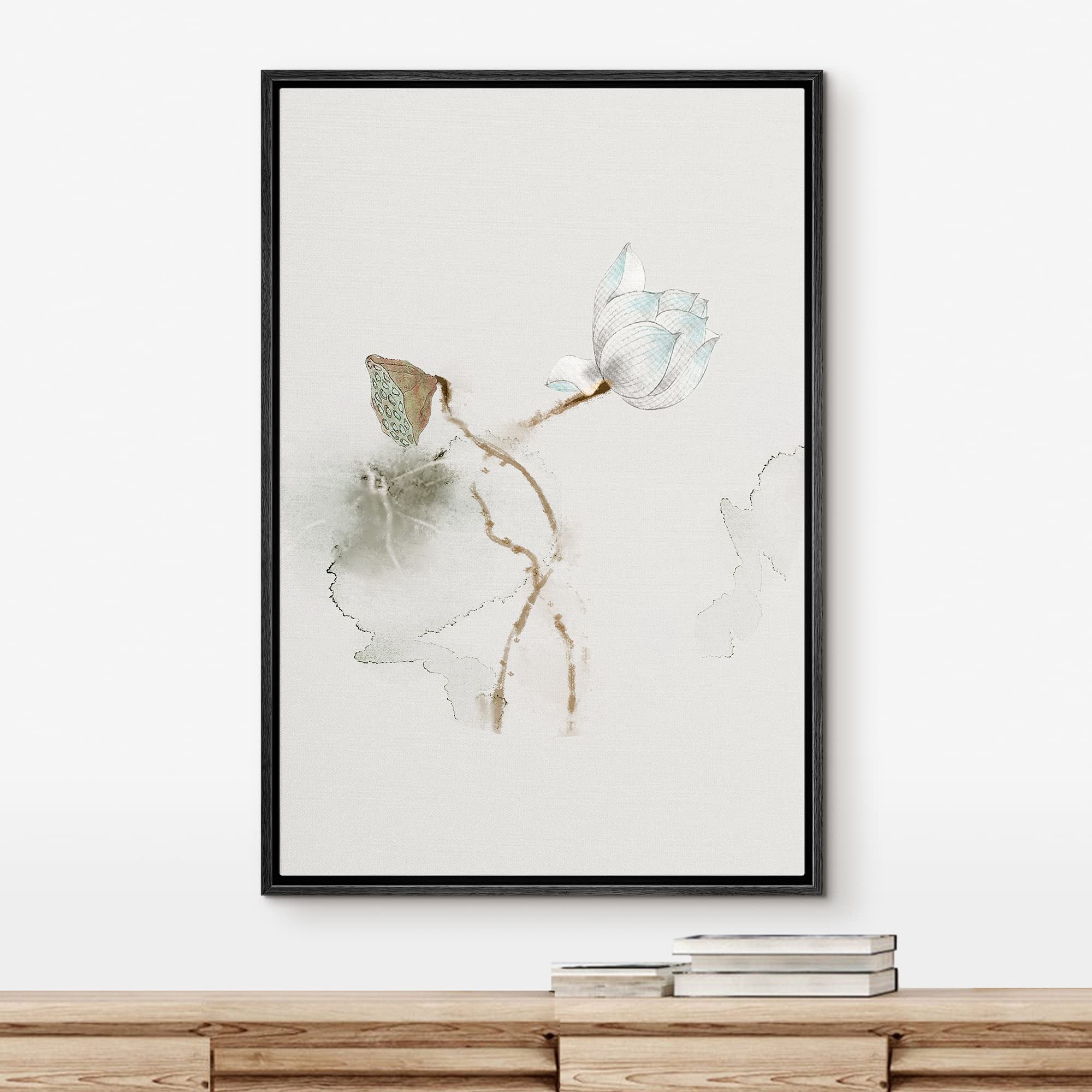 NWT Framed Canvas Print Wall Art Watercolor Effect White Magnolia & Seed Pod Floral Plants Illustrations Modern Art Minimalist Scenic Colorful Cool for Living Room  Bedroom  Office - 16''x24'' Black