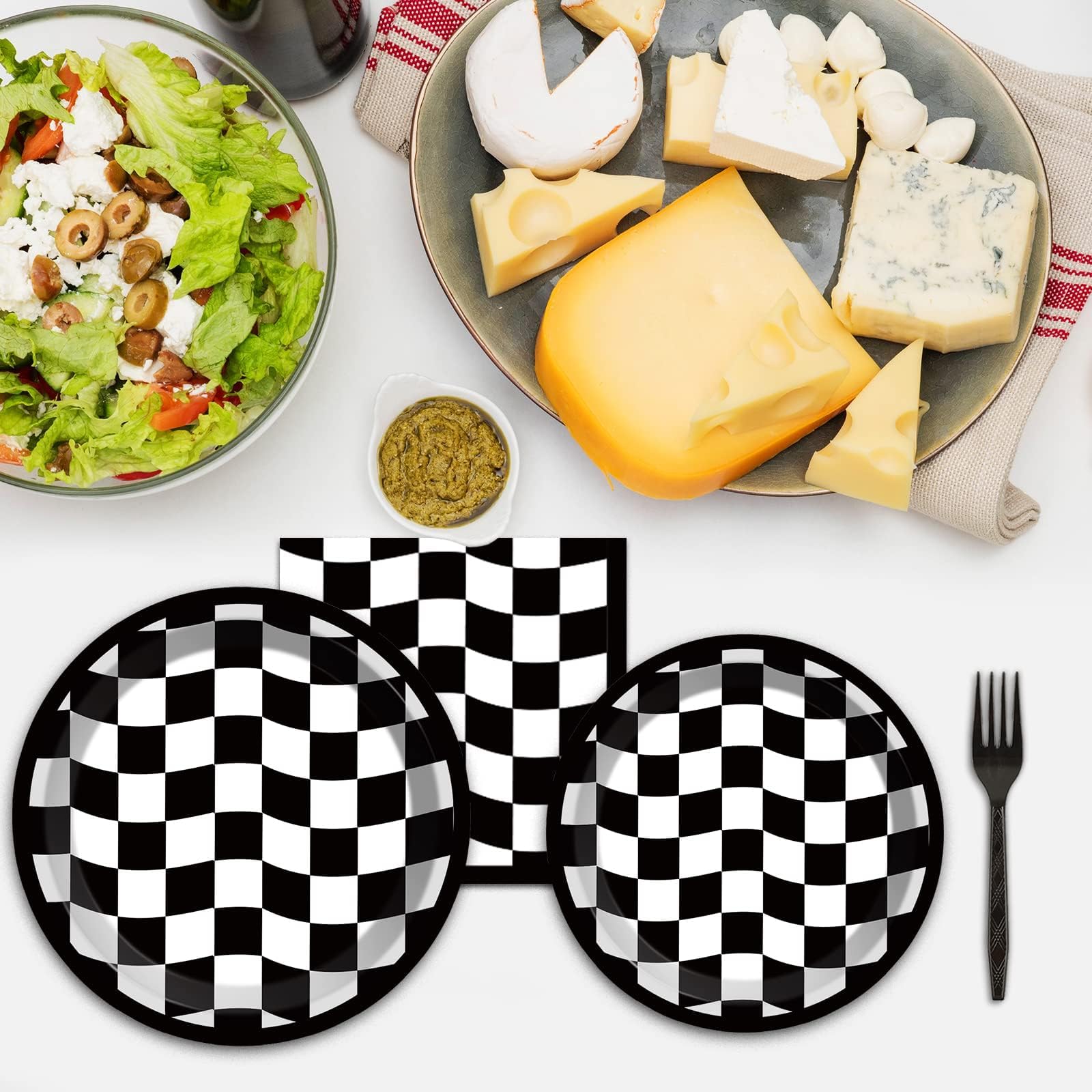 96 Pieces Black And White Checkered Tableware Set For Race Sports Themed Table Supplies Decorations Racing Car Dessert Plates Ra