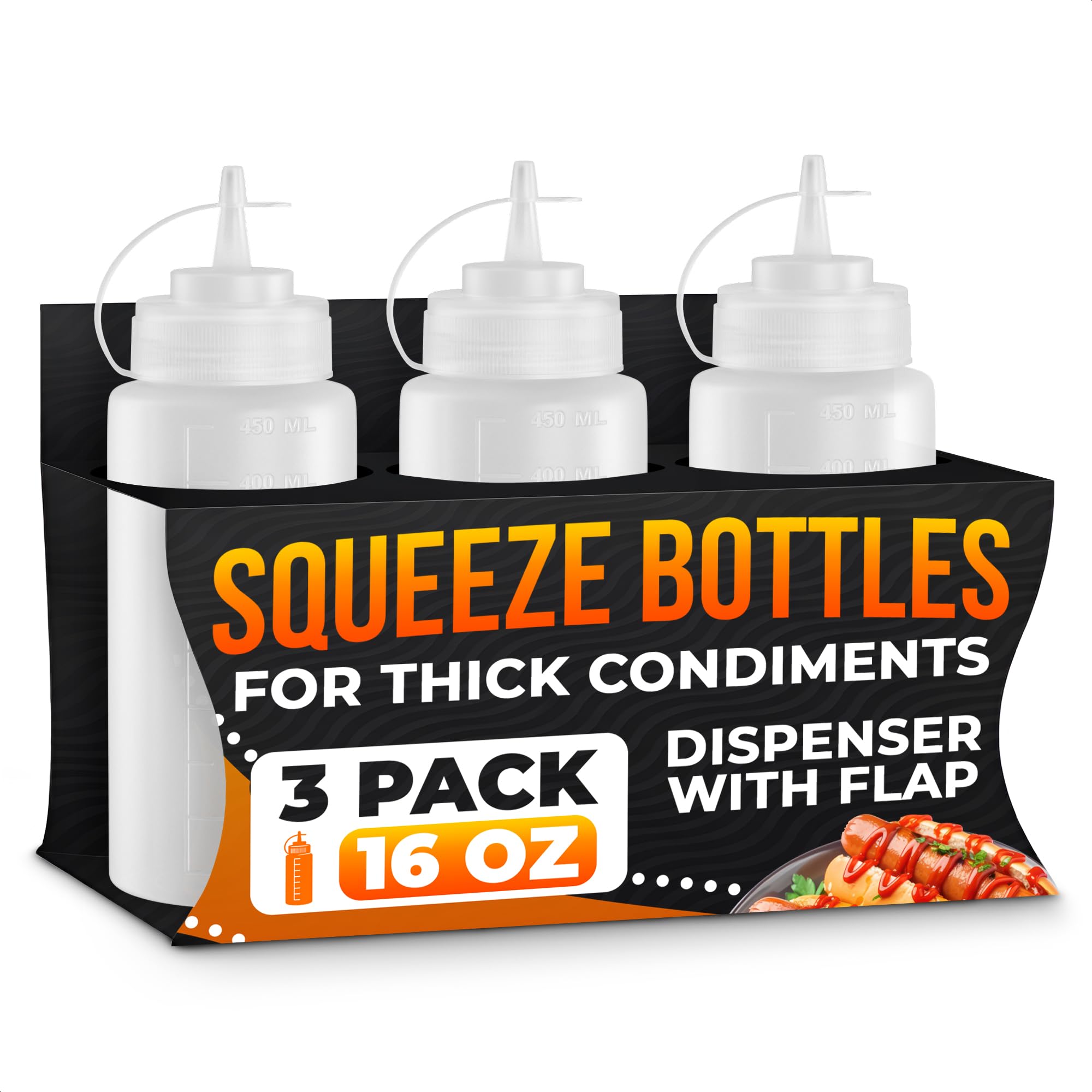 3-Pack Plastic Condiment Squeeze Bottles 16 oz - Refillable Squirt Bottles with Narrow Tip, Leak-Resistant | Great for Oil, Sauc