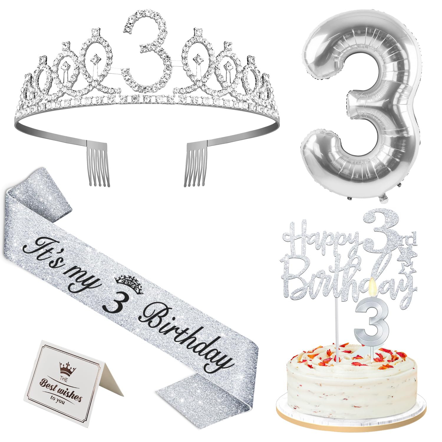 3rd Birthday Decorations for Girls Silver with 3rd Birthday Sash and Tiara, Cake Topper and Candle, Silver Number Balloon, 3 Yea
