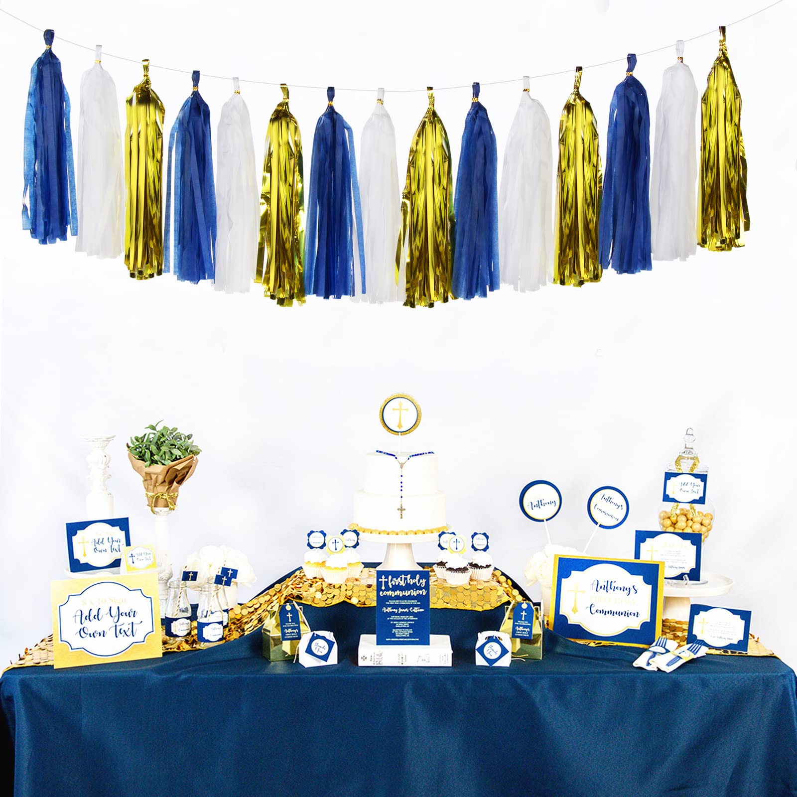 Navy-Blue White-Gold Tassel Garland Streamers- 15pcs Tissue Paper Tassels Banner Party Decorations Men Boy Birthday Graduation B