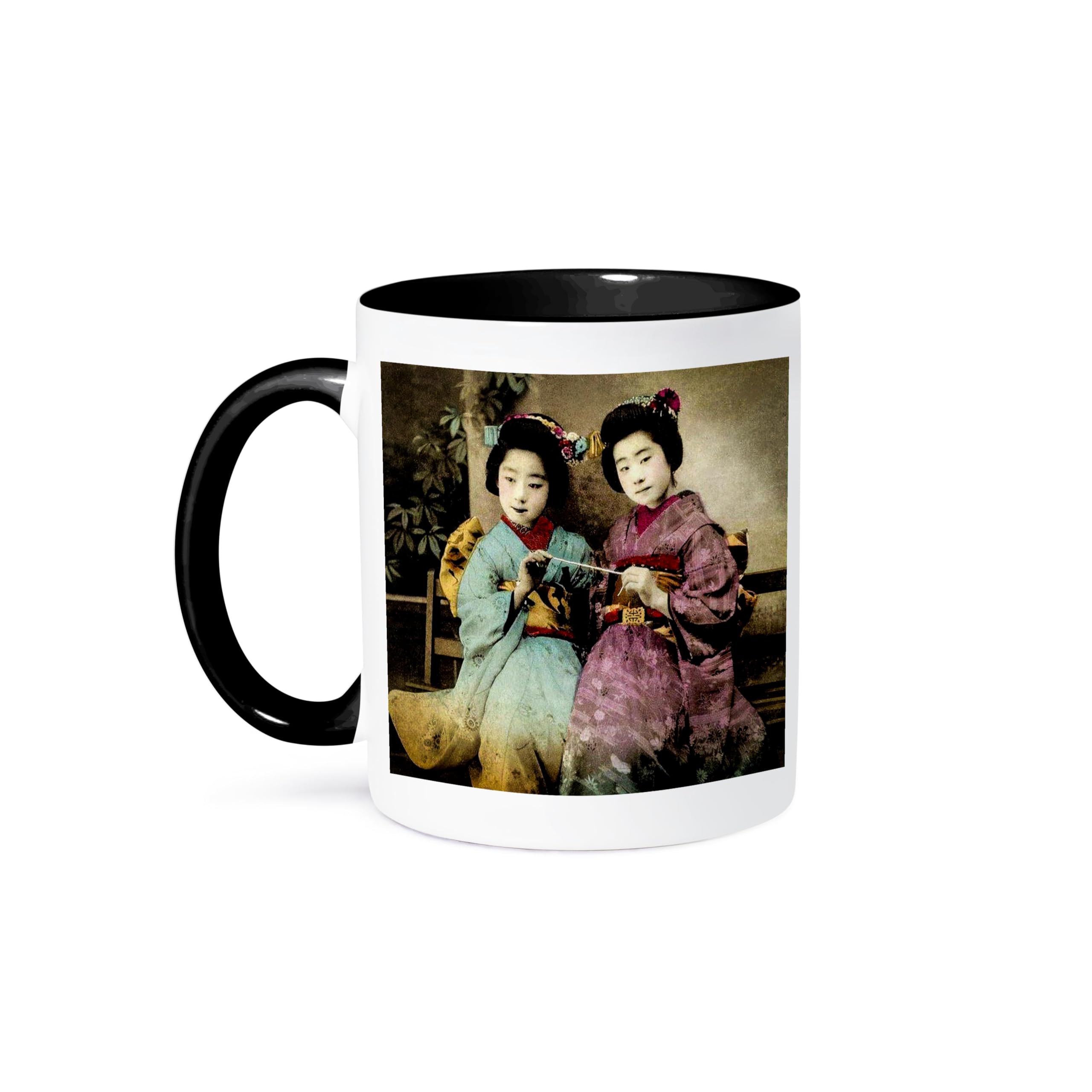 3dRose Vintage Japanese Geisha Friends Forever Holding Udon Noodle 11oz Two-Tone Black Mug