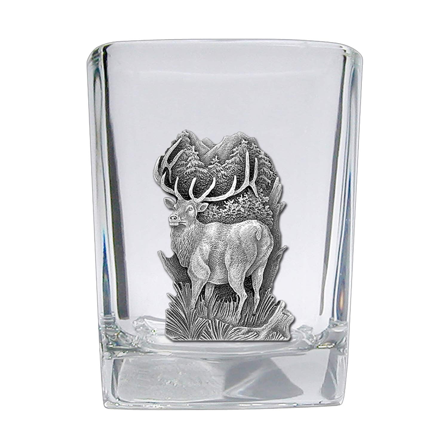 Heritage Pewter Elk Square Shot Glass | Hand-Sculpted 1.5 Ounce Shot Glass | Intricately Crafted Metal Pewter Elk Inlay