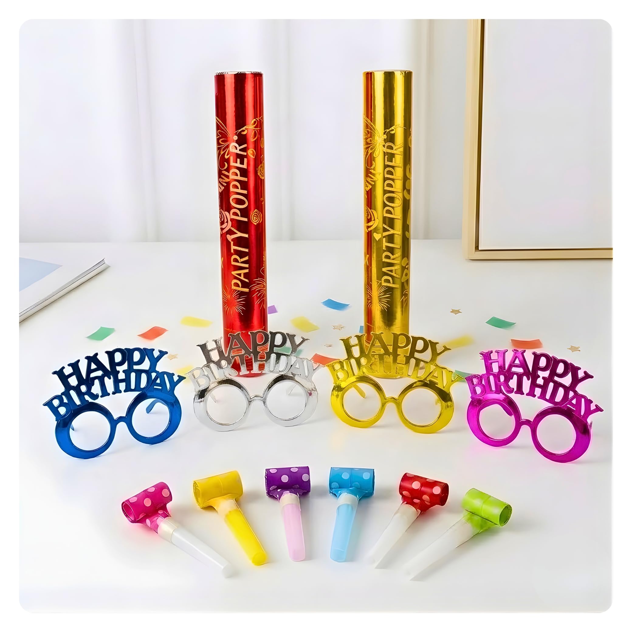 Shimmers Birthday Party Combo Set of 12, Happy Birthday Glasses, Party Blowouts and Confetti Poppers for Kids Adults, Multicolor