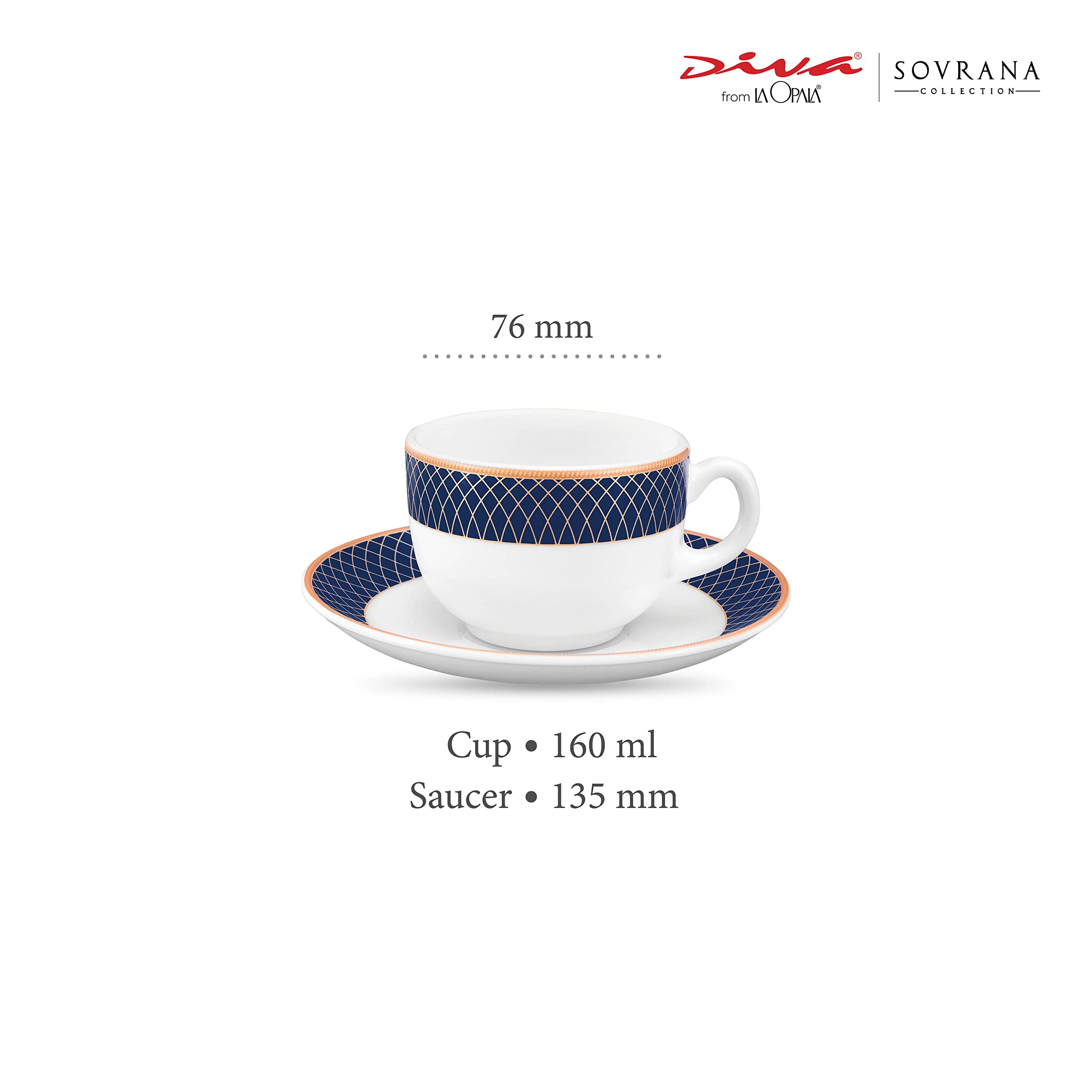 Diva From La Opala Sovrana Collection, Opal Glass Cup & Saucer Set 12 Pcs, Regent Blue, White