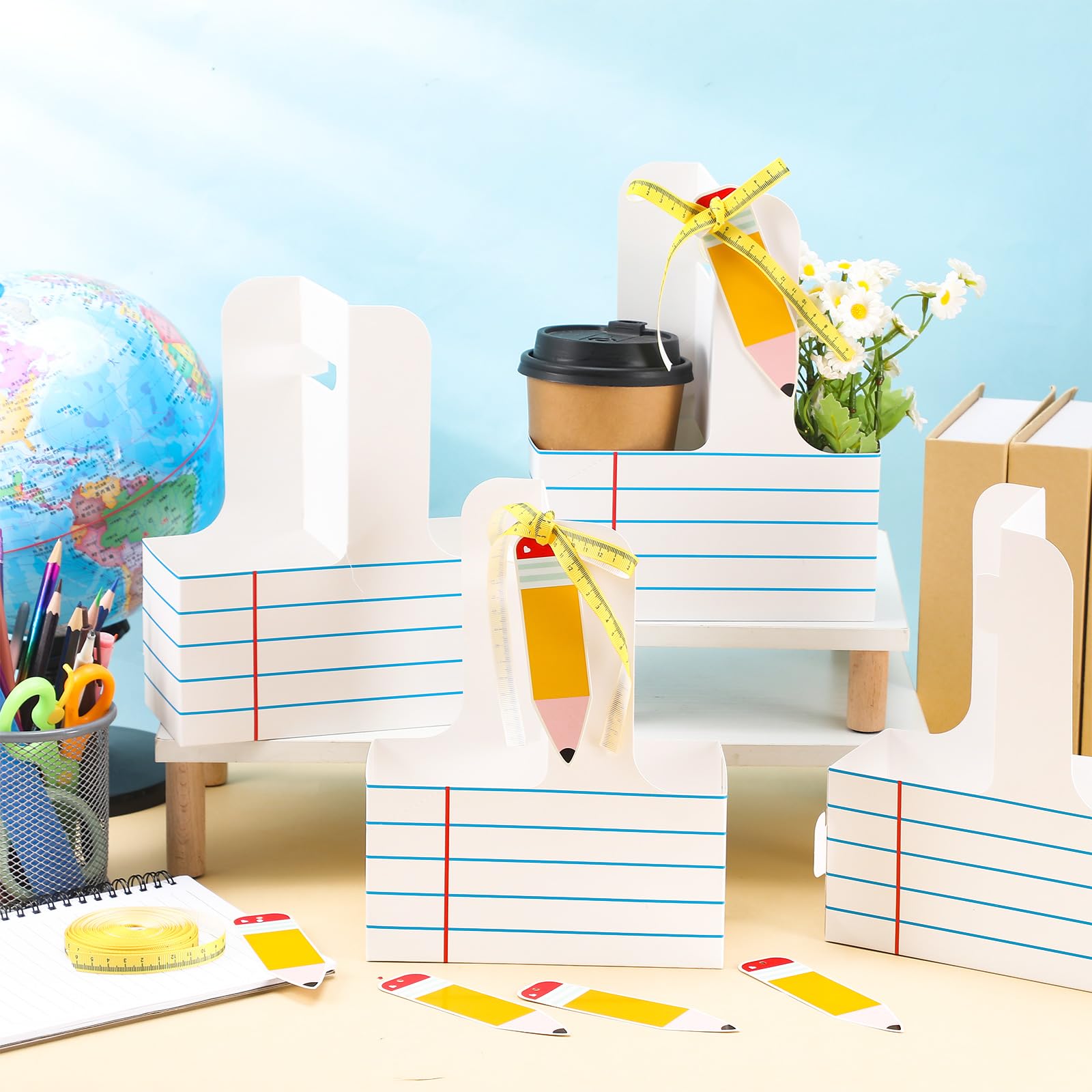 Reallnaive 24 Set Christmas Teacher Appreciation Gifts 2 Cup Drink Carrier with Greeting Card Ribbon Disposable Cup Holders with