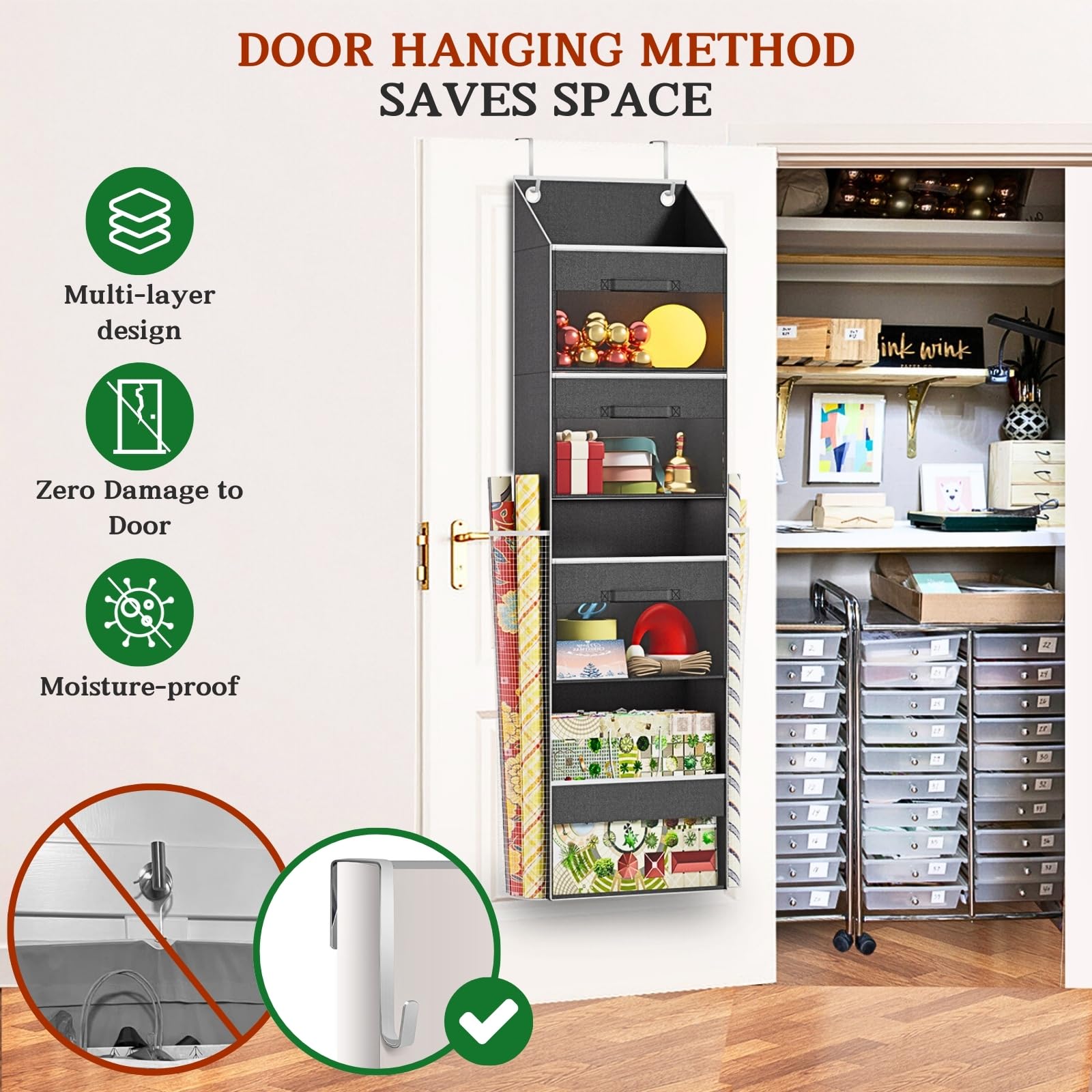 Over Door Wrapping Paper Organizer Storage with 3 Removable Drawers & Side Pockets - Dual Use Design with Elastic Straps - Chris