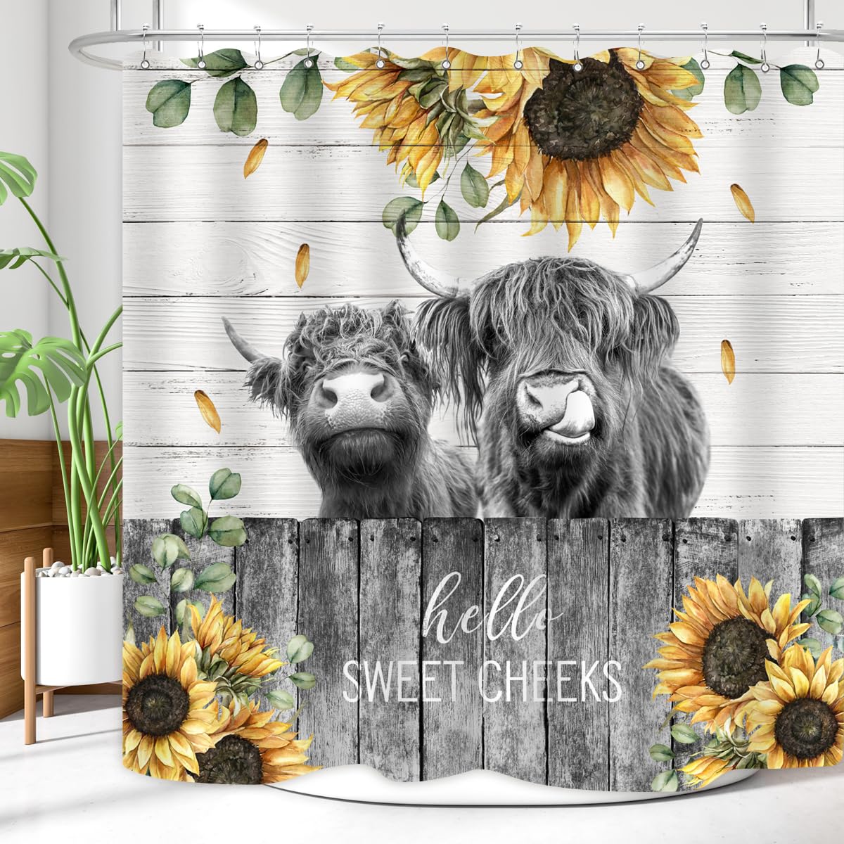 Zxmbf Farmhouse Highland Cow Shower Curtain Sunflower Funny Cattle Farm Western Wooden Fence Rustic Country Home Bathroom Decor
