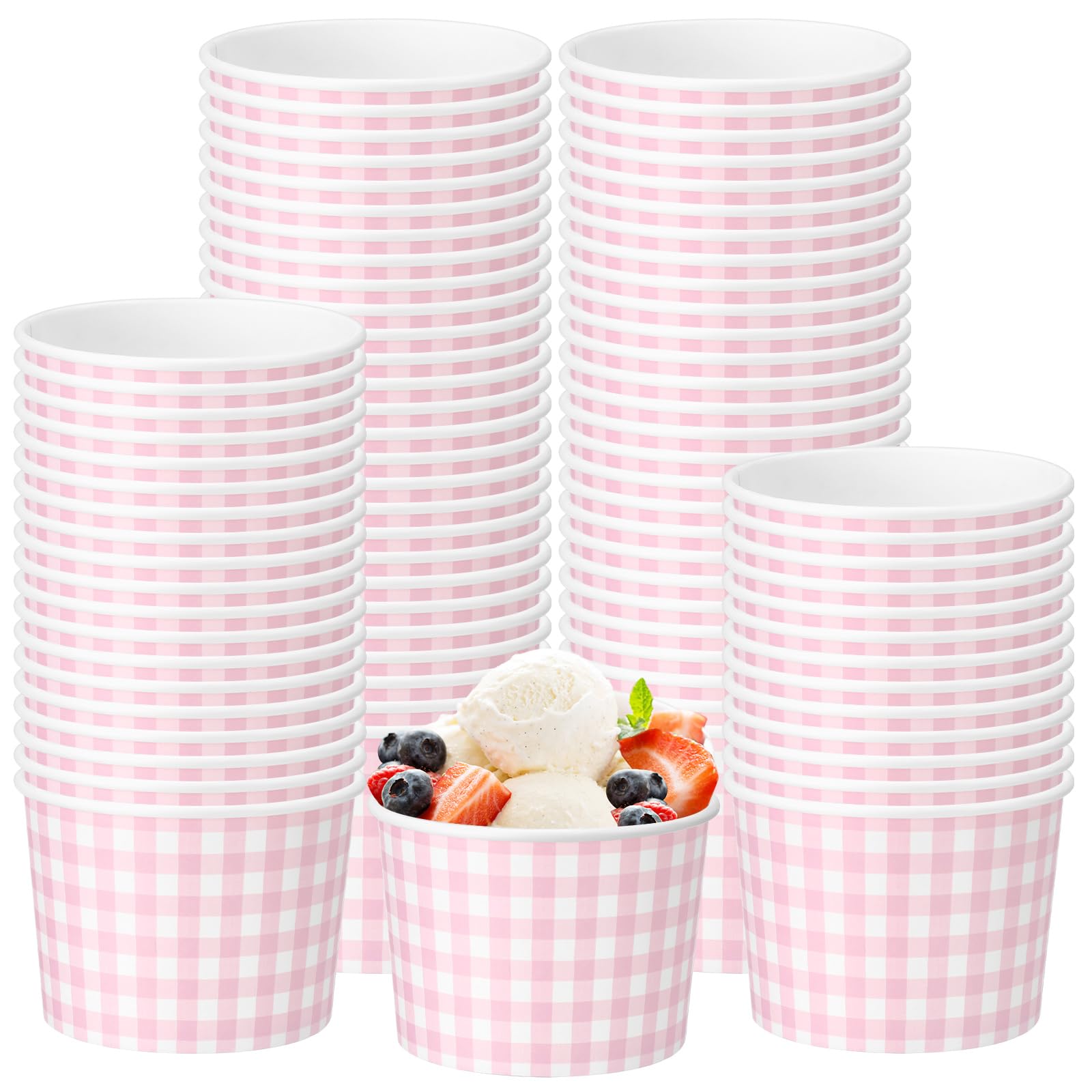 Funnymoom 50 Pack Pink Gingham Ice Cream Cups 9 oz Pink and White Checkered Disposable Dessert Bowls Paper Soup Bowls Plaid Snac