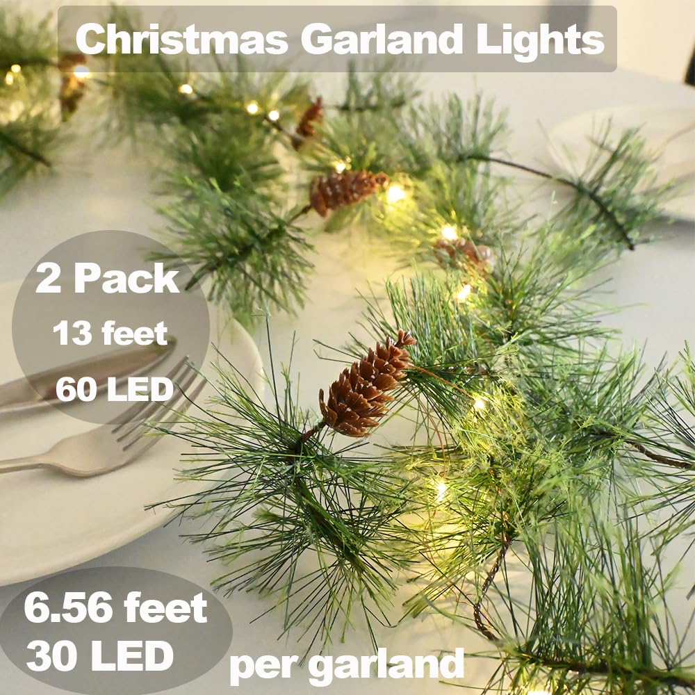 HamiFinee Christmas Garland with LED Fairy Lights 13FT Battery Operated Smokey Pine Garlands with 8 Flash Modes and Timer Pine C