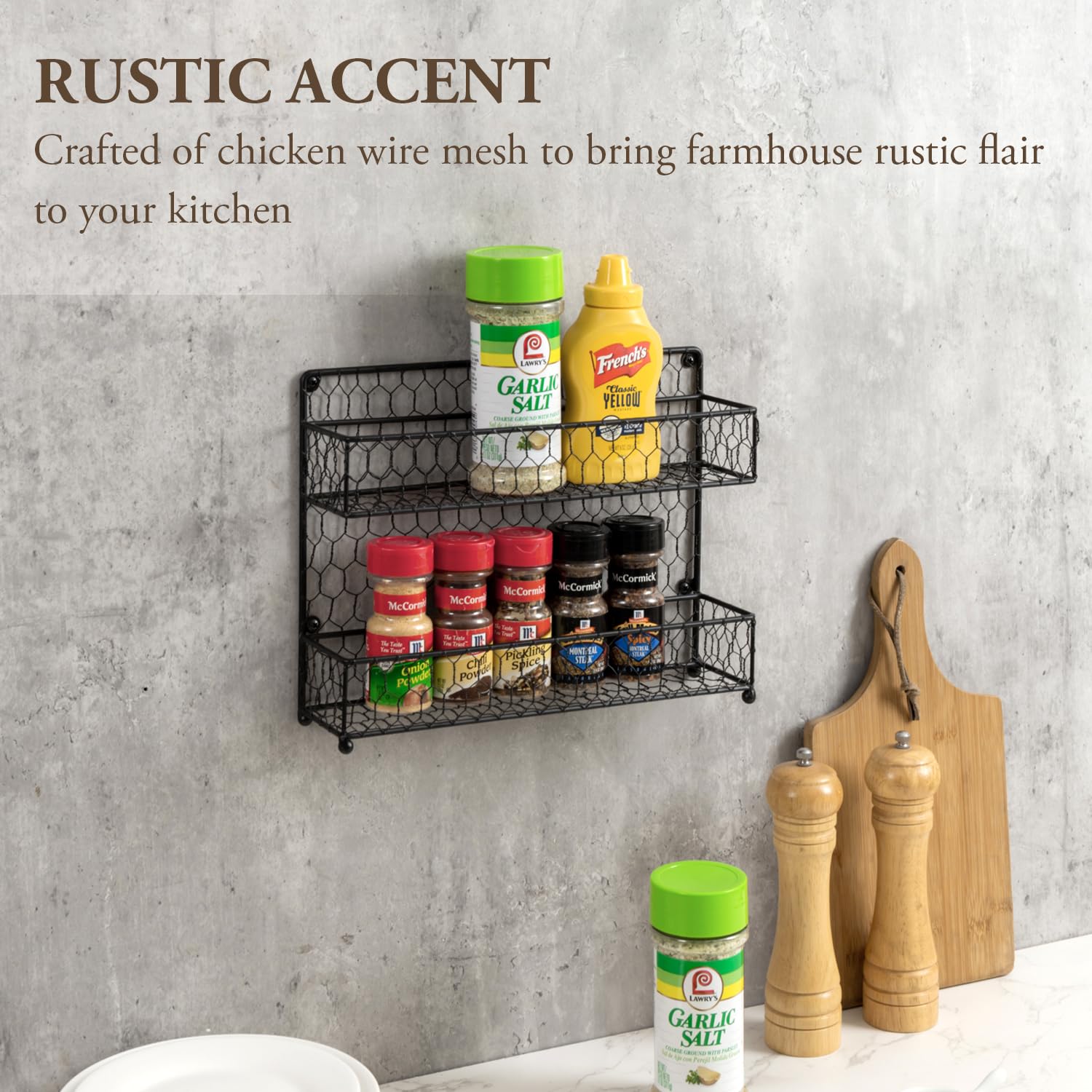 MyGift Farmhouse Style Metal Wire Spice Rack - Wall Mount or Kitchen Countertop 2-Tier Seasoning Jar Storage Organizer, Black